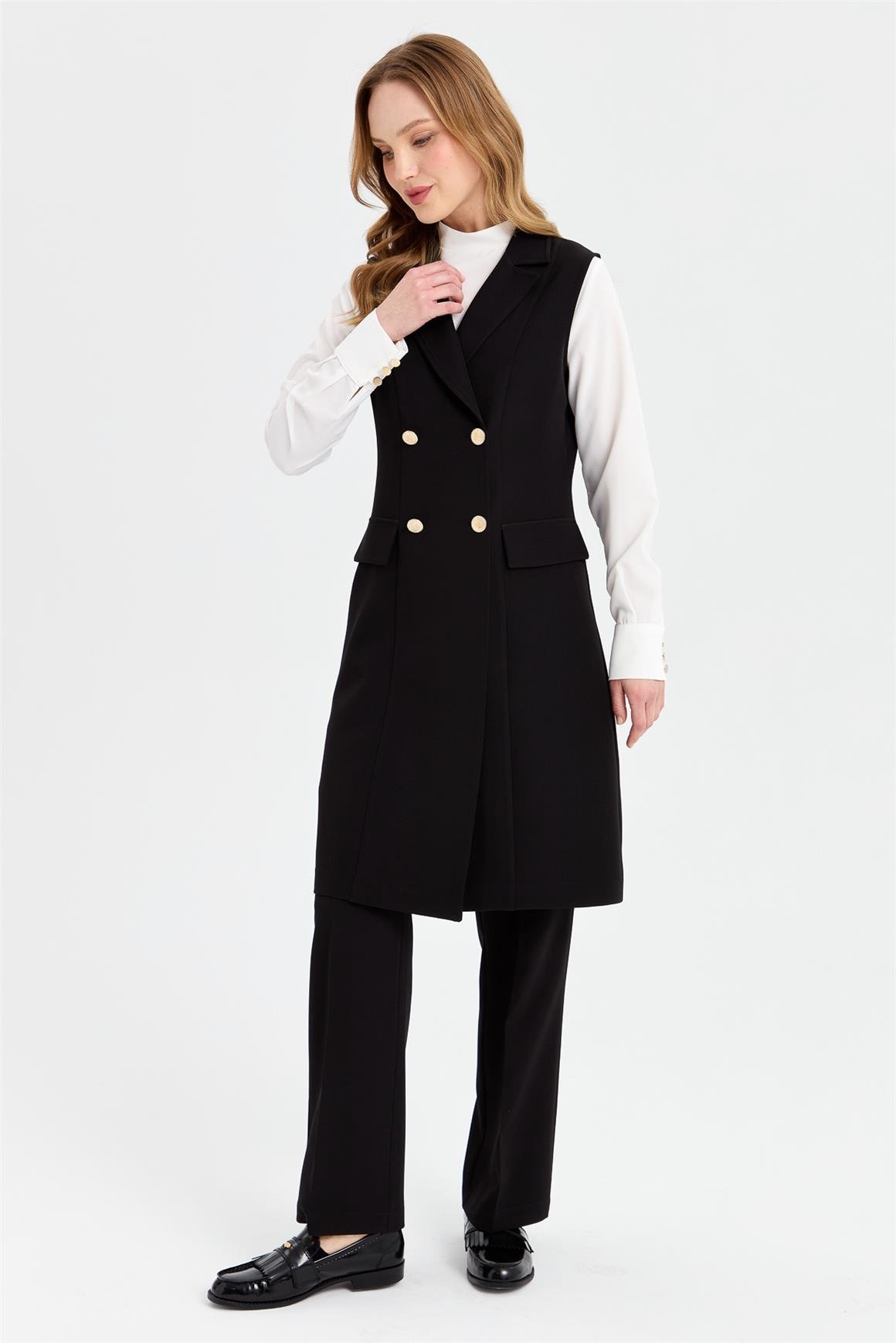 Uzun Yelekli Bluz Pantolon Takım  Siyah