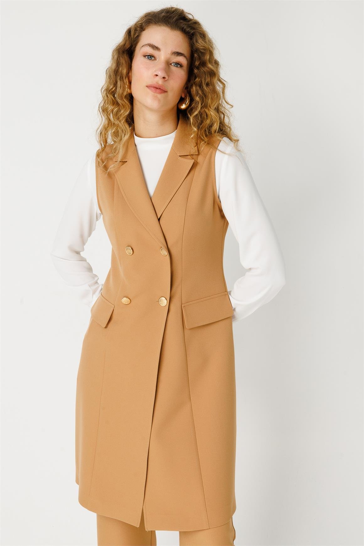 Uzun Yelekli Bluz Pantolon Takım  Camel