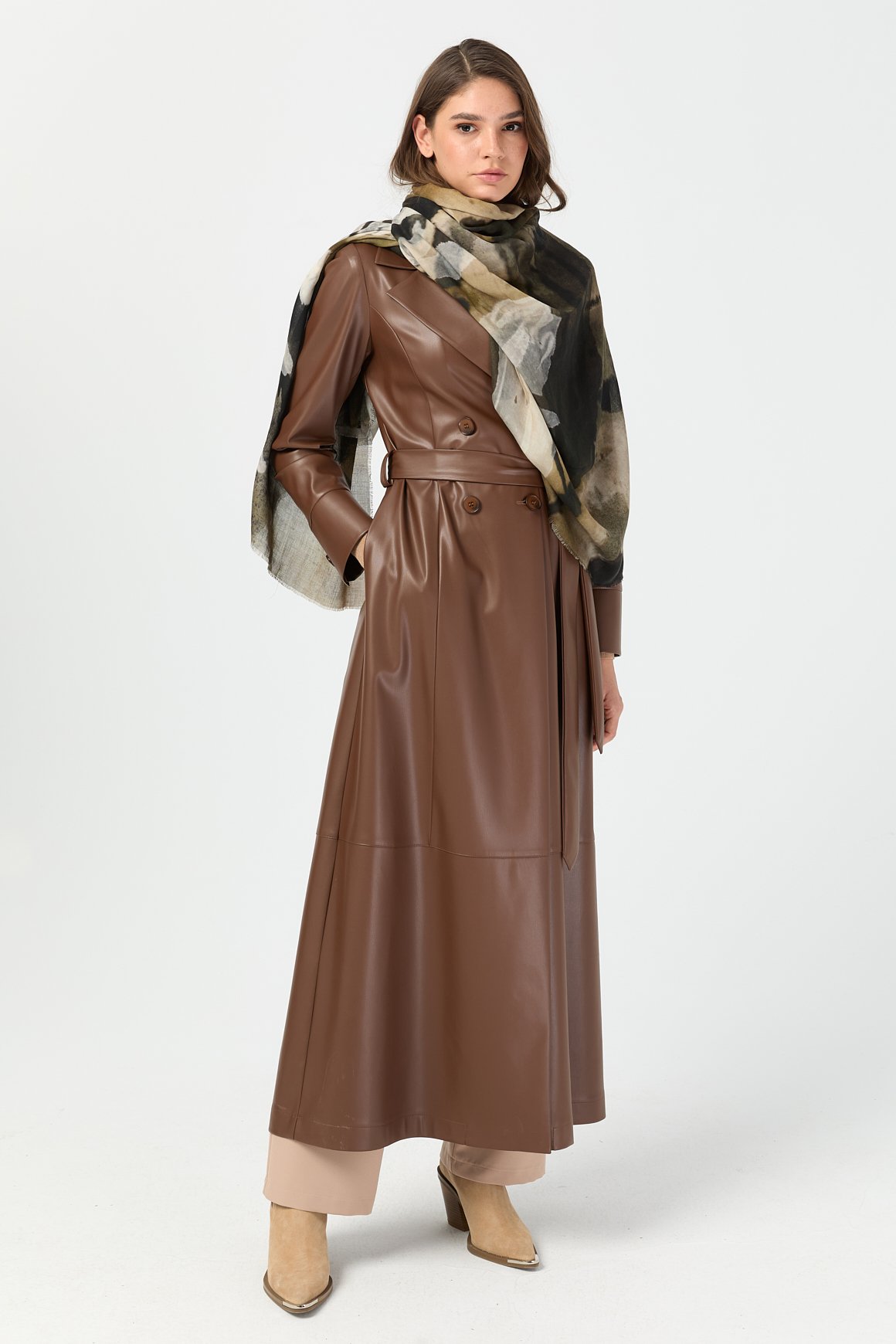 Tam Boy İçi Süet Deri Pardesü  Kahve