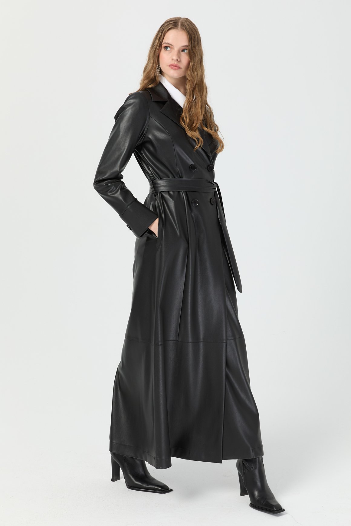 Tam Boy İçi Süet Deri Pardesü  Siyah