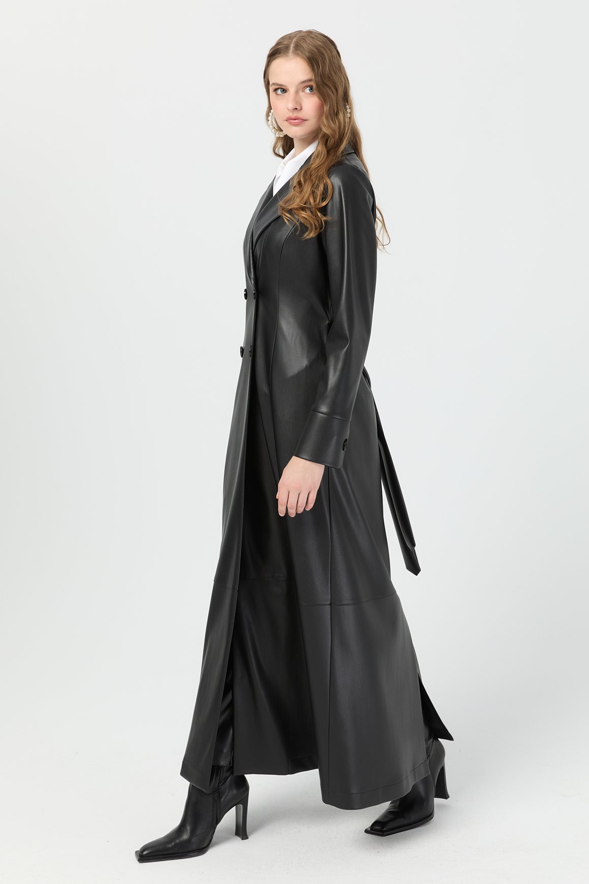 Tam Boy İçi Süet Deri Pardesü  Siyah