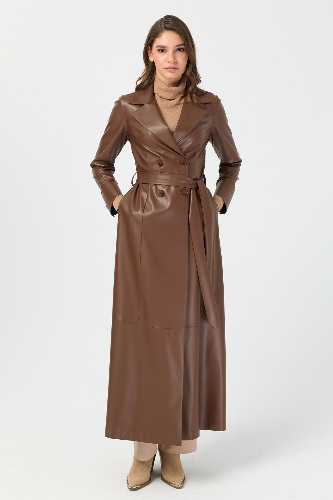 Tam Boy İçi Süet Deri Pardesü  Kahve