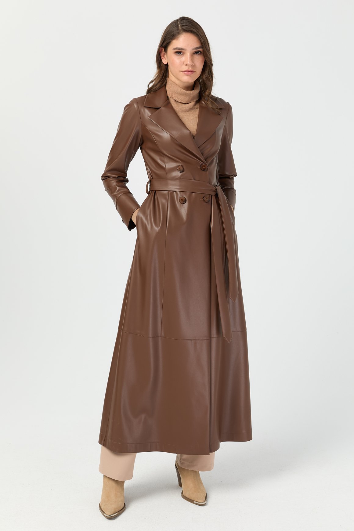 Tam Boy İçi Süet Deri Pardesü  Kahve