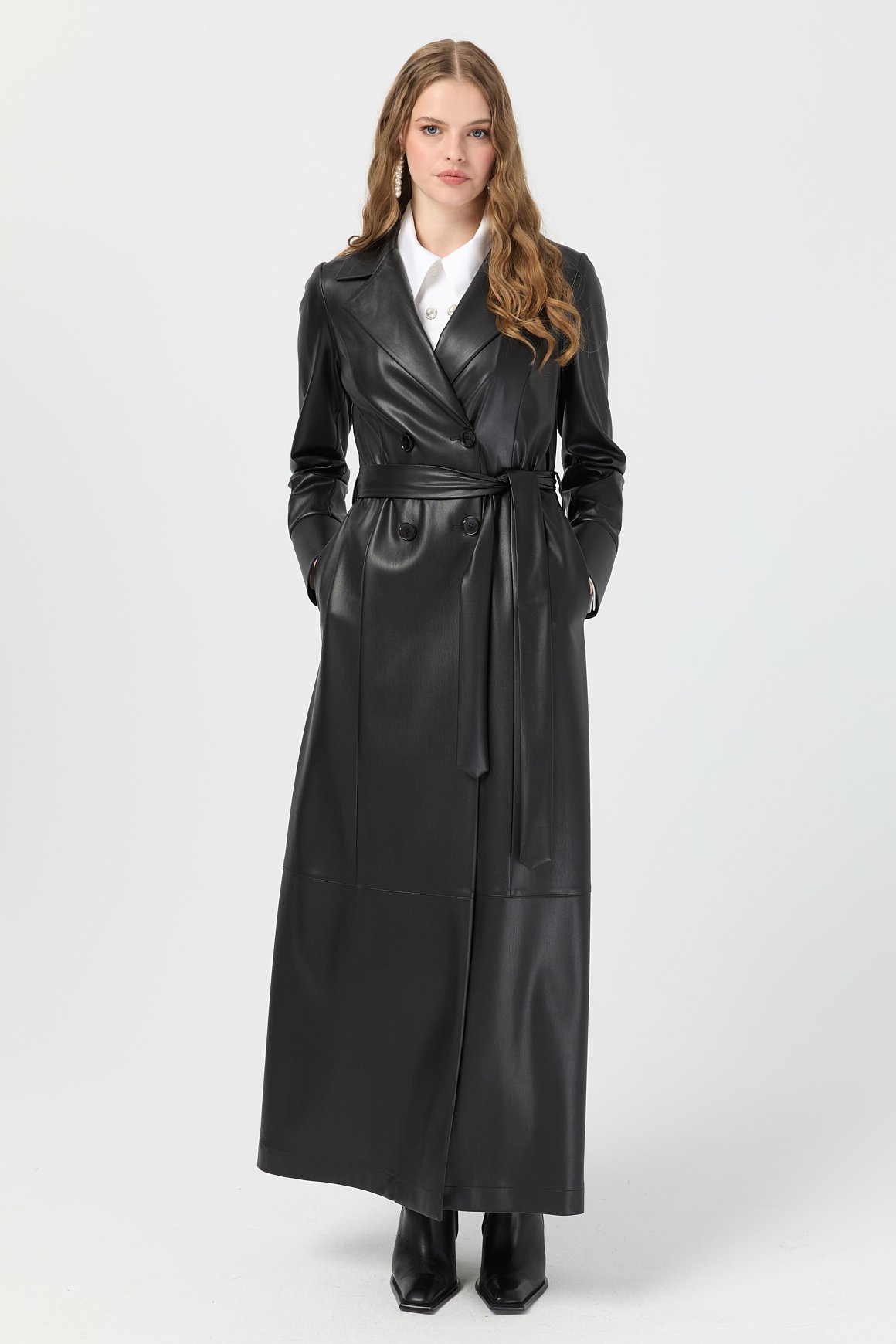 Tam Boy İçi Süet Deri Pardesü  Siyah