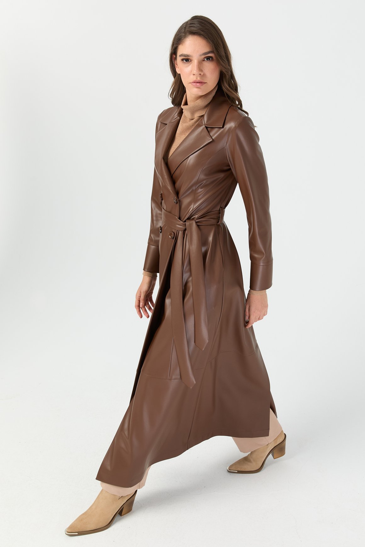 Tam Boy İçi Süet Deri Pardesü  Kahve