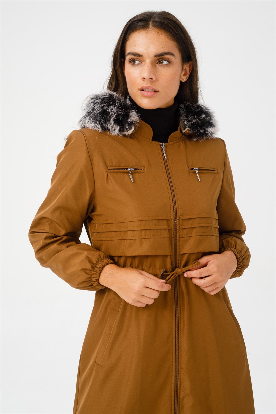 Allerli Belden Bağlamalı İçi Kürklü Tam Boy Parka Manto  Taba