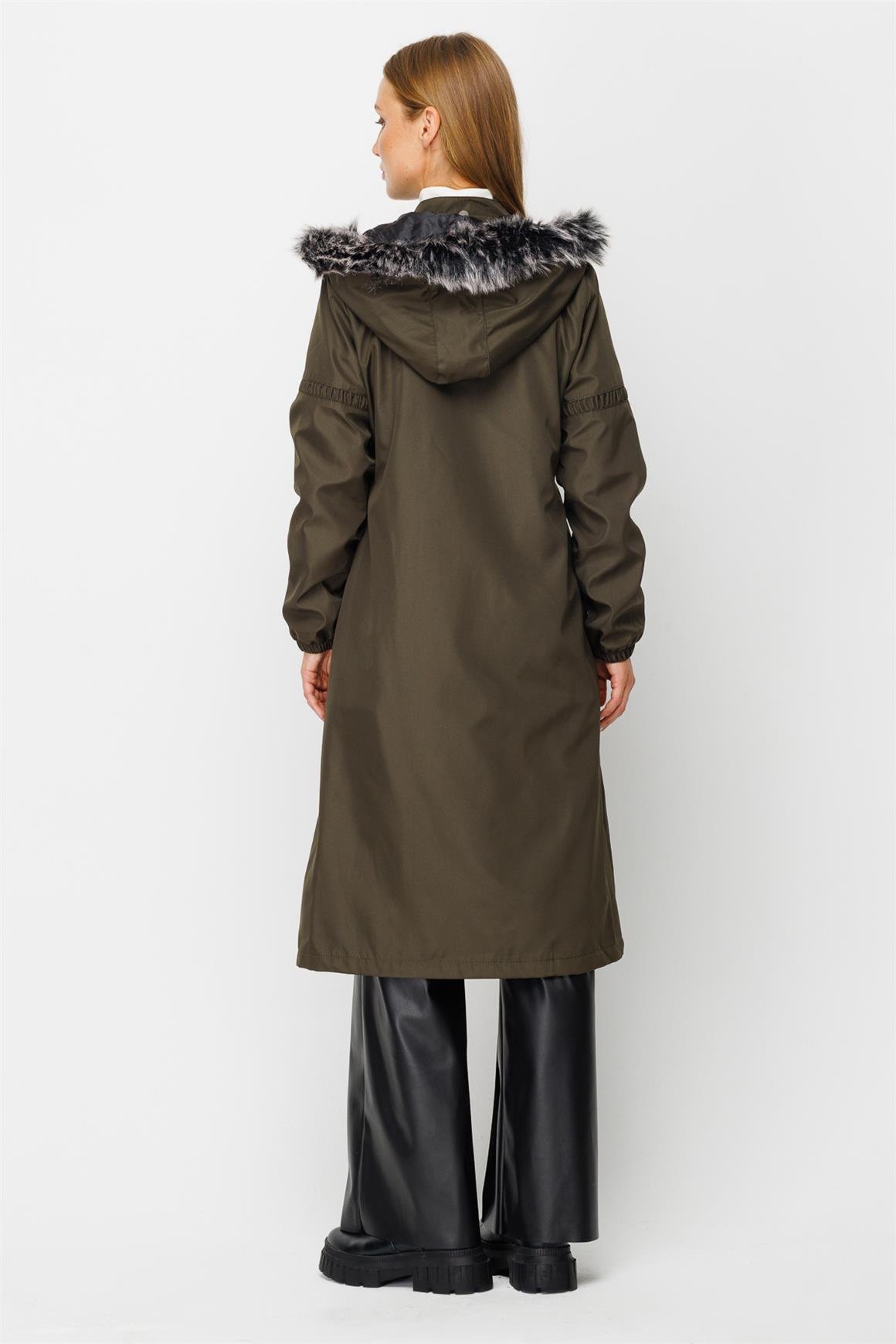 Büzgü Detaylı Ara Boy Parka  Haki