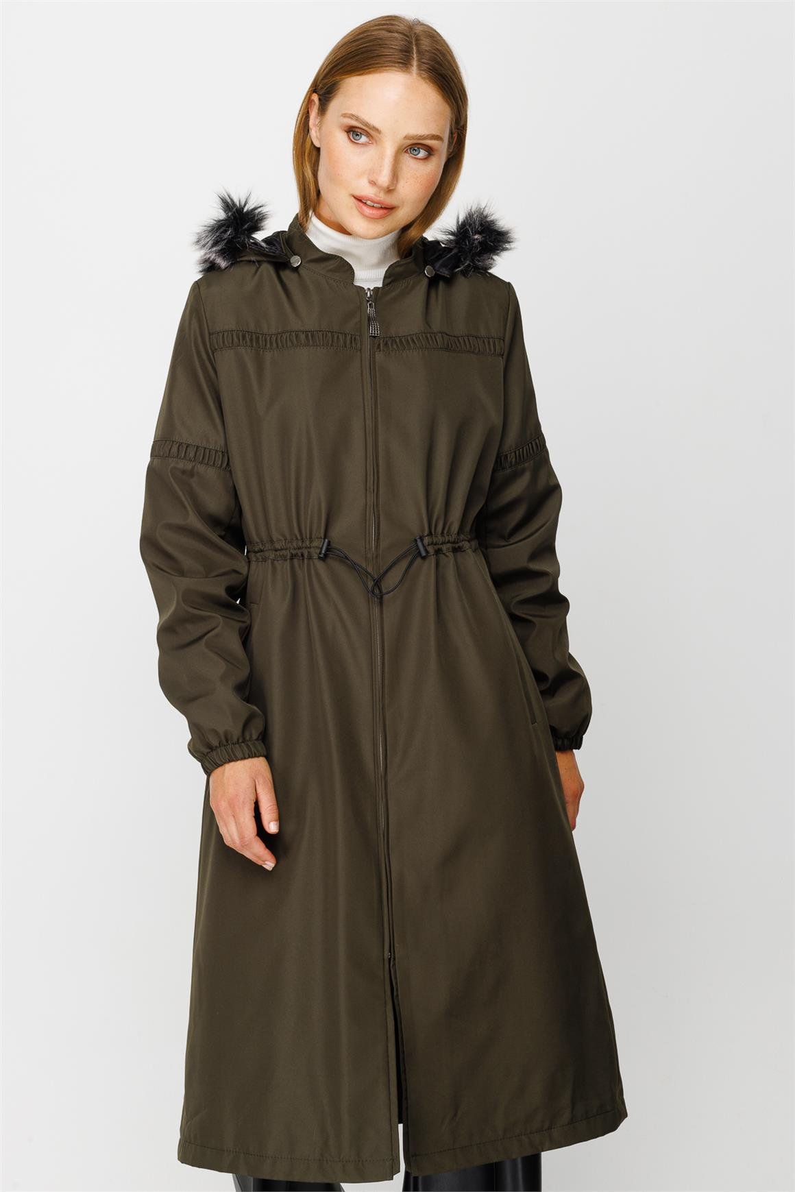 Büzgü Detaylı Ara Boy Parka  Haki