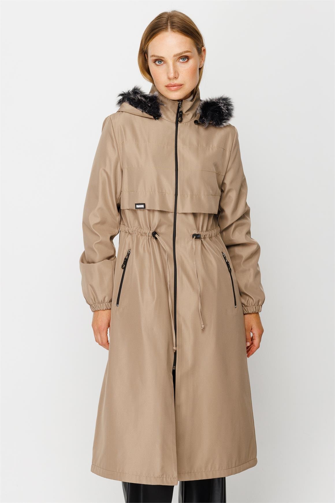 Dikiş Detaylı Ara Boy Parka  Bej