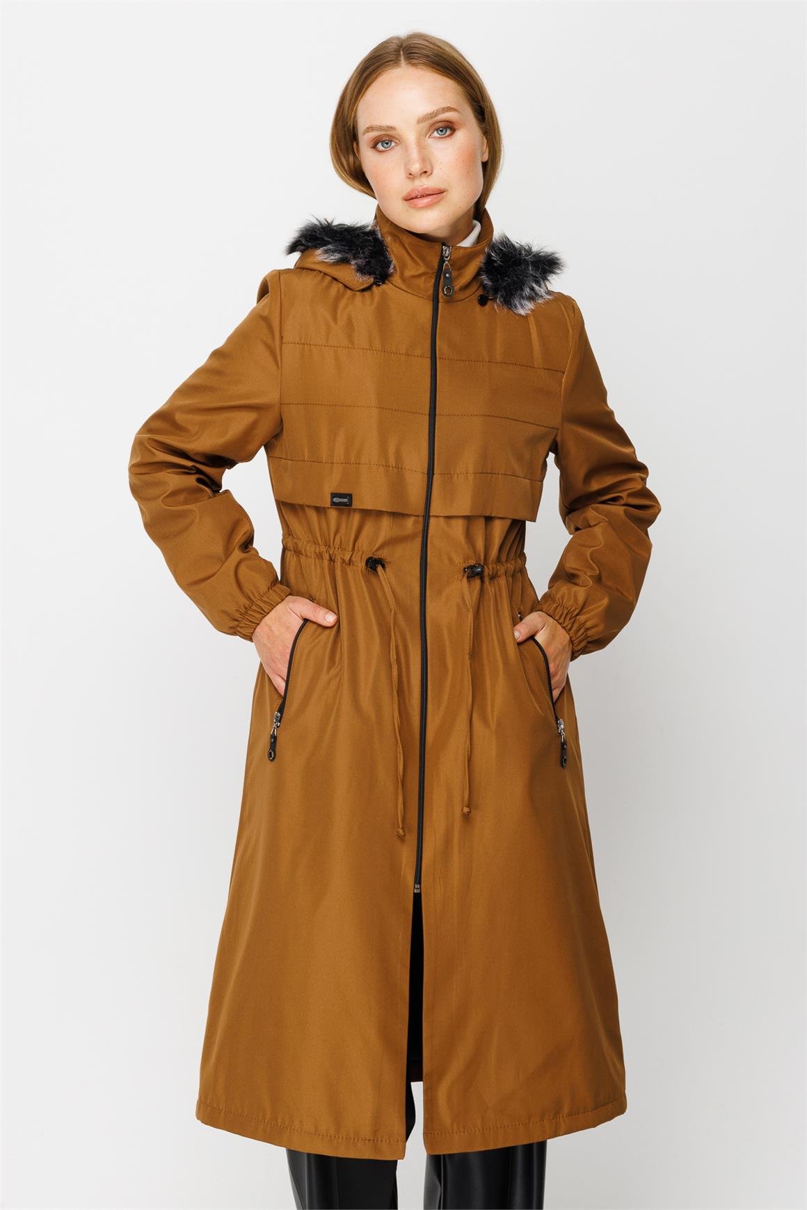 Dikiş Detaylı Ara Boy Parka  Taba