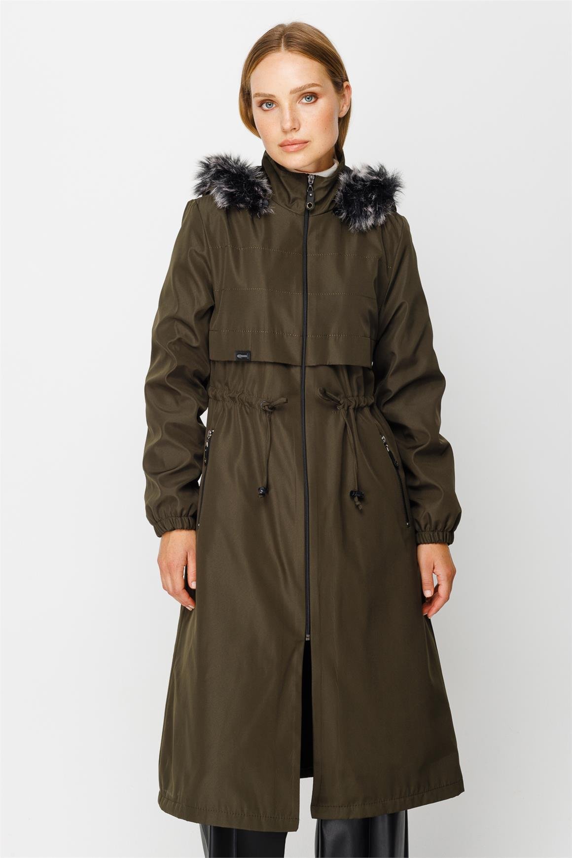 Dikiş Detaylı Ara Boy Parka  Haki