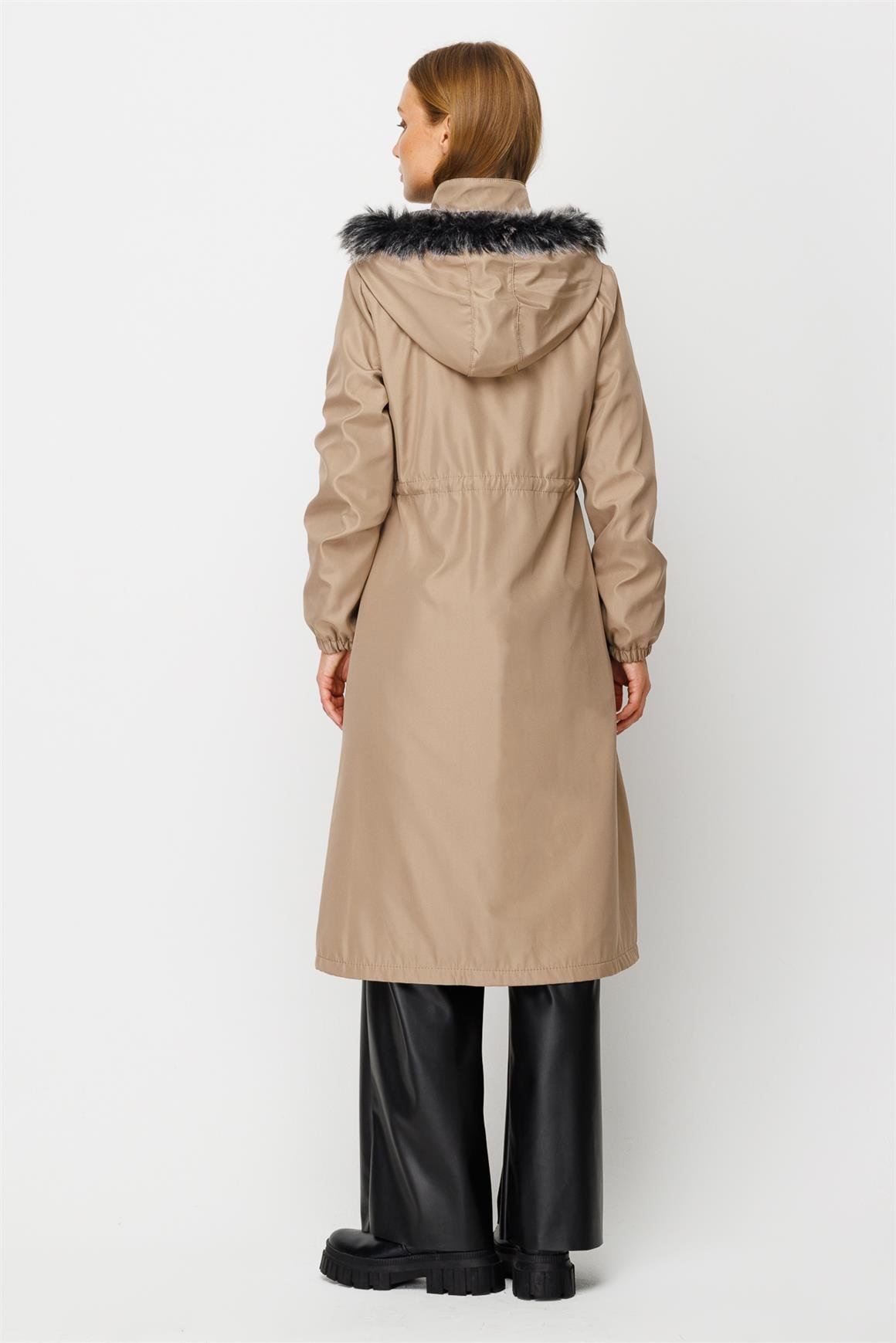 Dikiş Detaylı Ara Boy Parka  Bej