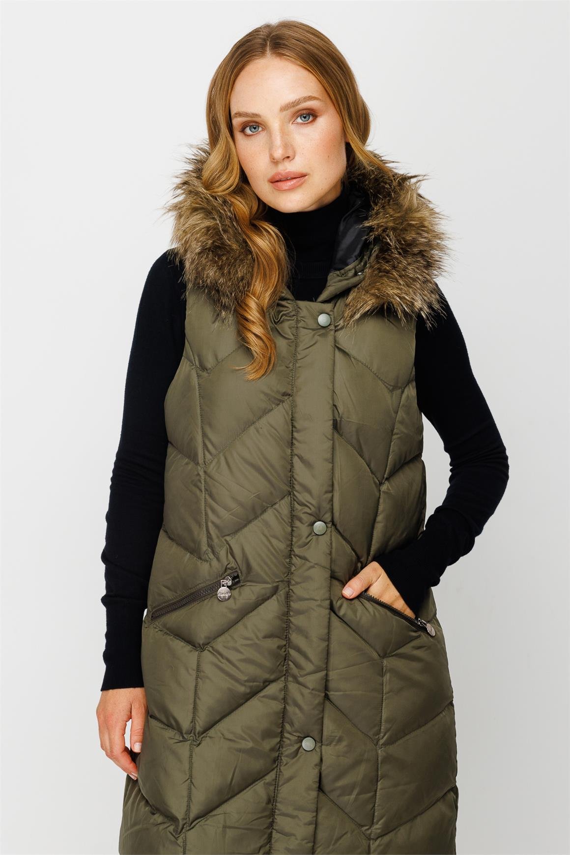 Yaka Kenarı Kürk Detaylı Ara Boy Şişme Yelek  Haki