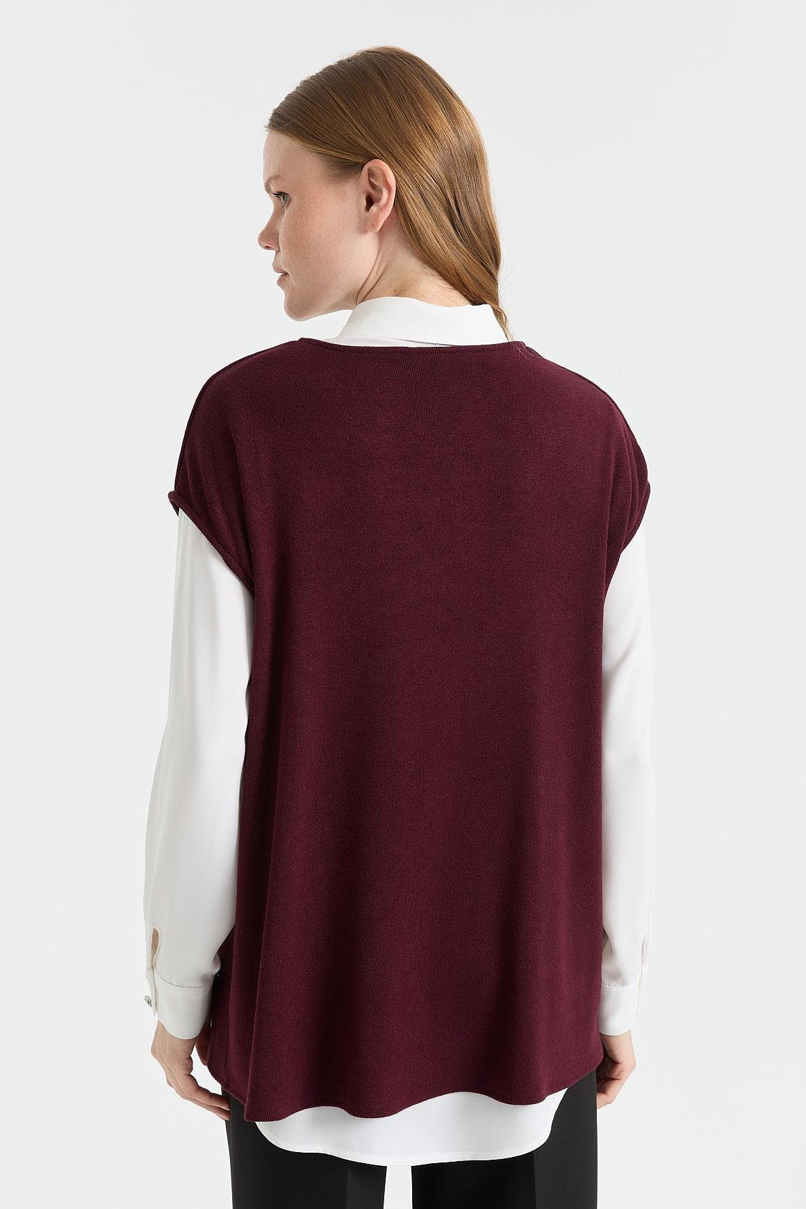 Asimetrik Kesim Broş Detaylı İkili Takım  Bordo