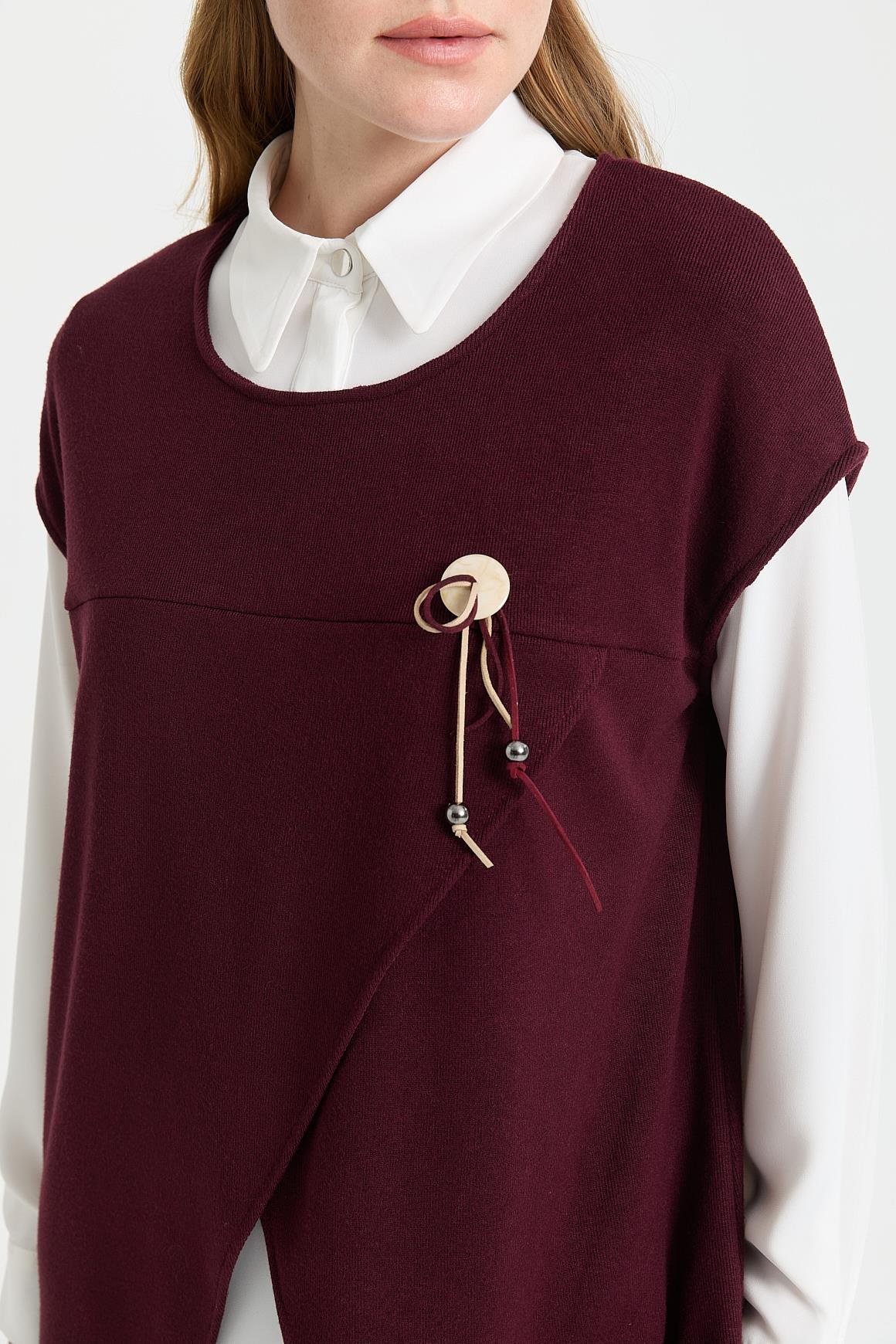 Asimetrik Kesim Broş Detaylı İkili Takım  Bordo