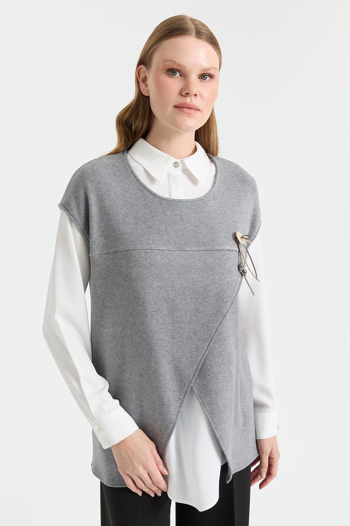 Asimetrik Kesim Broş Detaylı İkili Takım  Antrasit