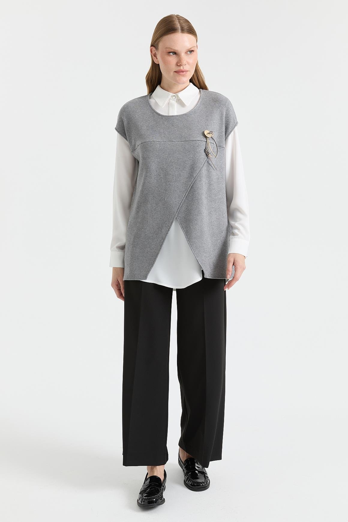 Asimetrik Kesim Broş Detaylı İkili Takım  Antrasit