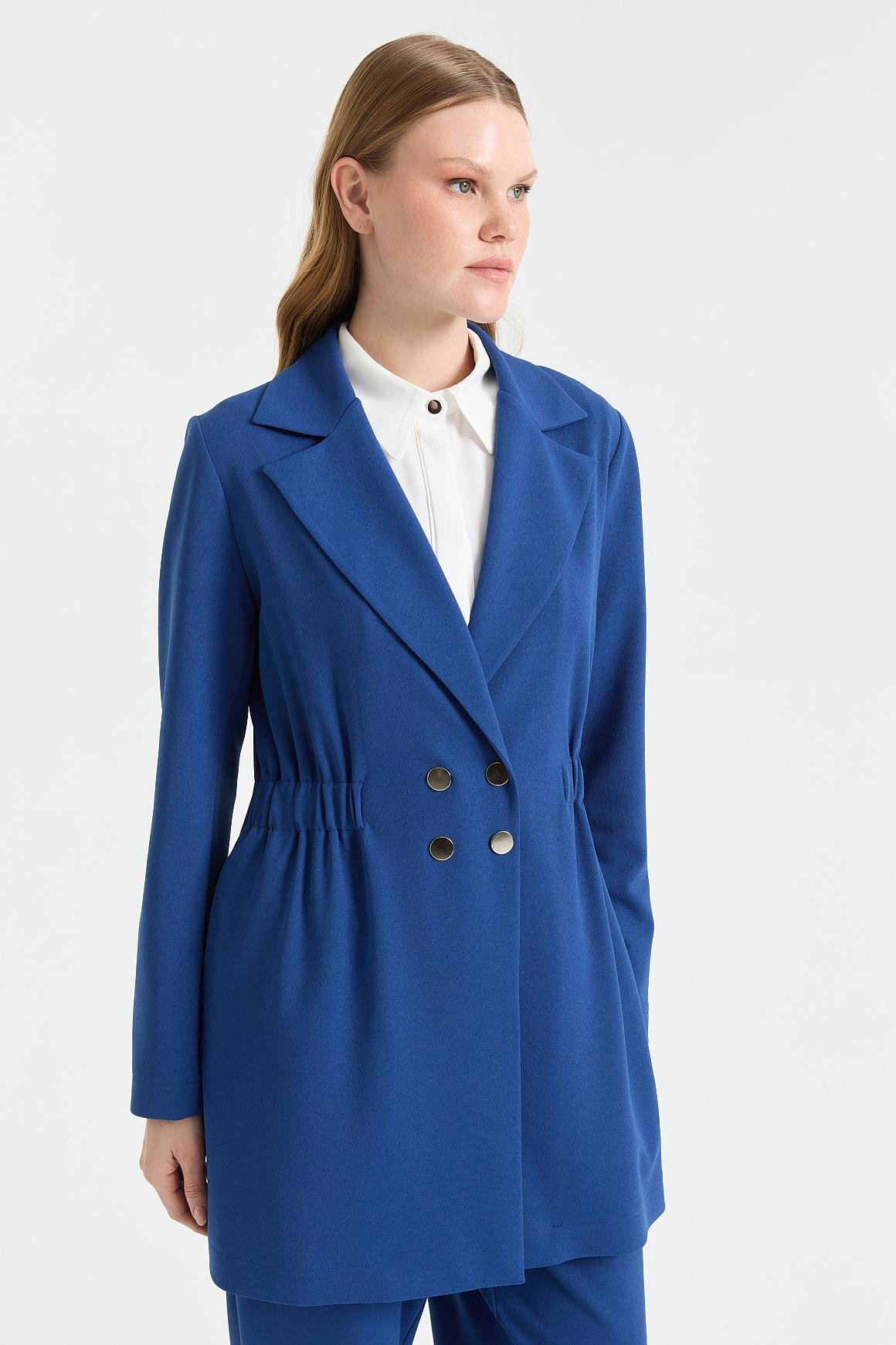 Beli Büzgülü Ceket Pantolon Takım  İndigo