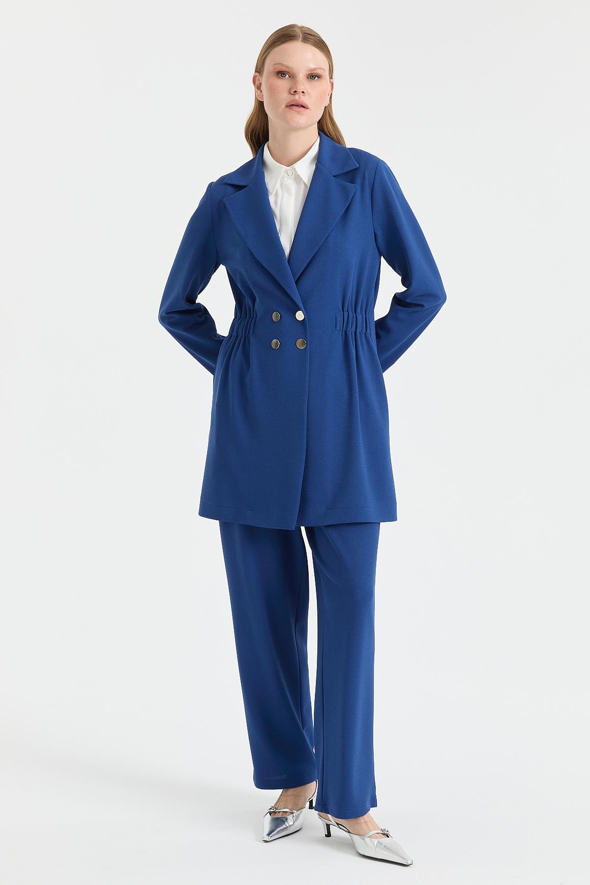 Beli Büzgülü Ceket Pantolon Takım  İndigo
