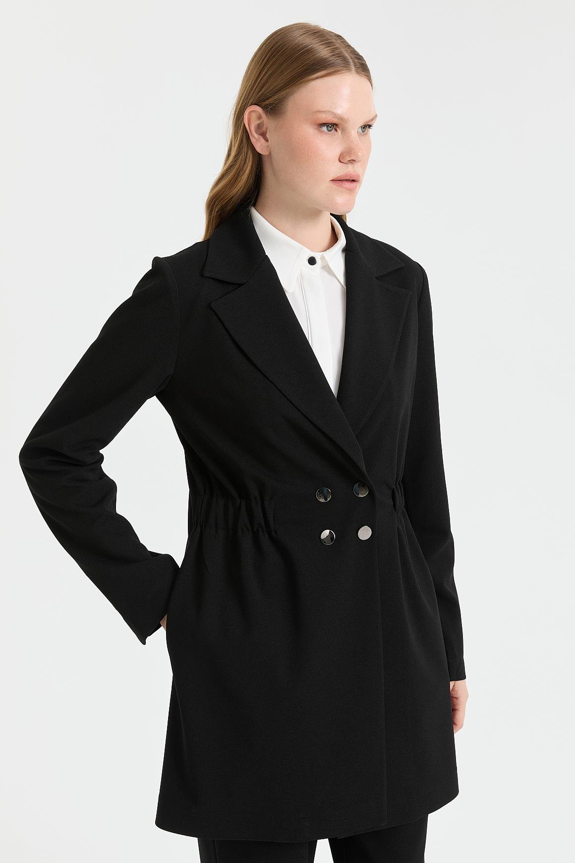 Beli Büzgülü Ceket Pantolon Takım  Siyah