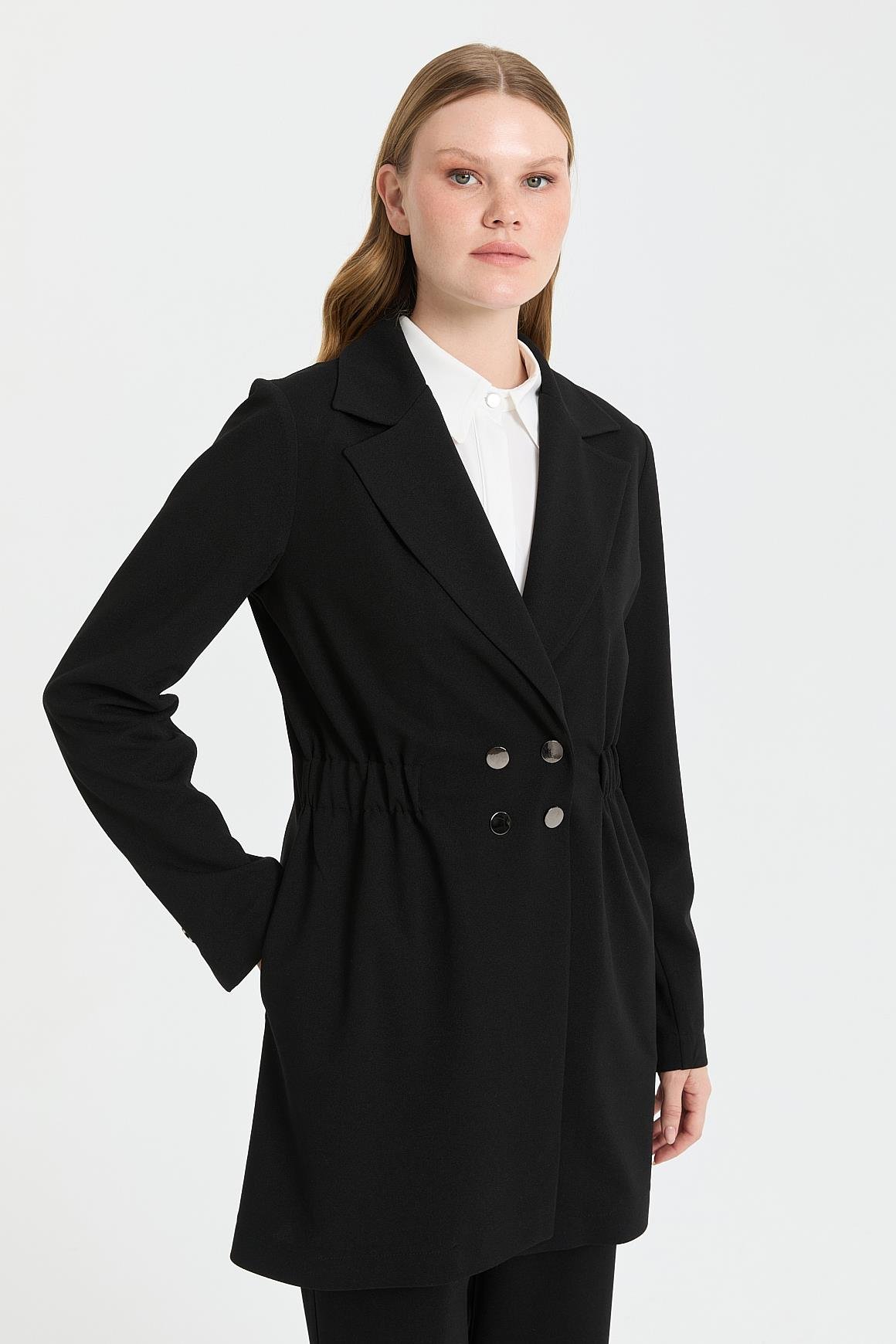 Beli Büzgülü Ceket Pantolon Takım  Siyah