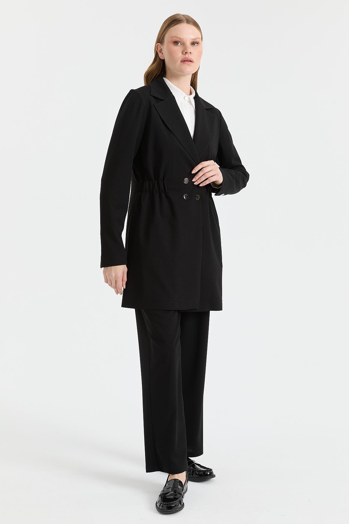 Beli Büzgülü Ceket Pantolon Takım  Siyah