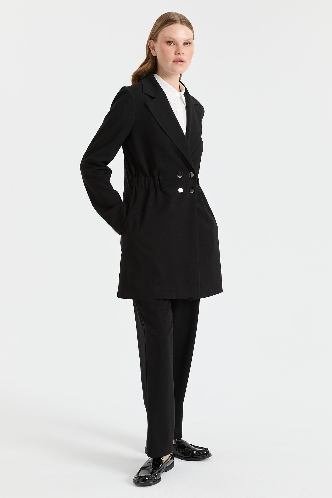 Beli Büzgülü Ceket Pantolon Takım  Siyah