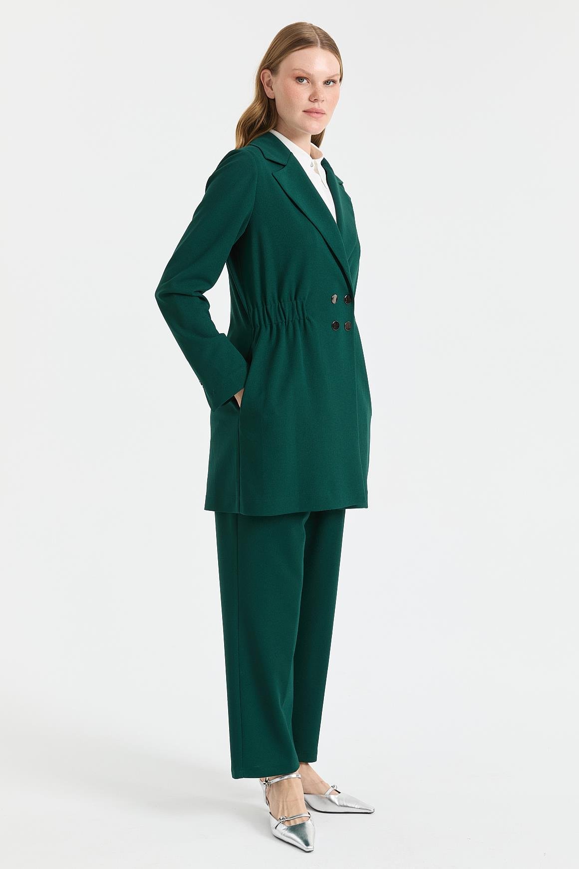 Beli Büzgülü Ceket Pantolon Takım  Zümrüt