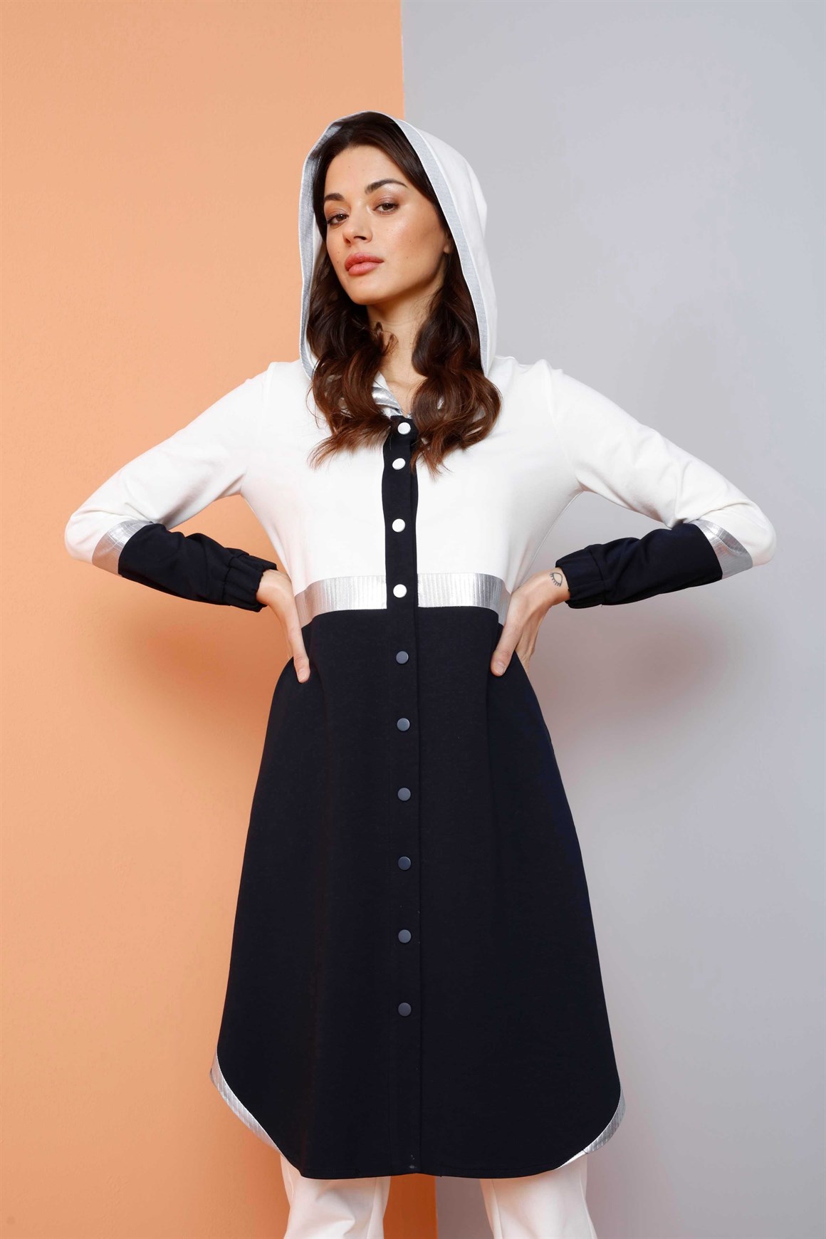 Beyaz - 2'li Çıt Çıtlı Kapşonlu Pantolonlu Eşofman Takım