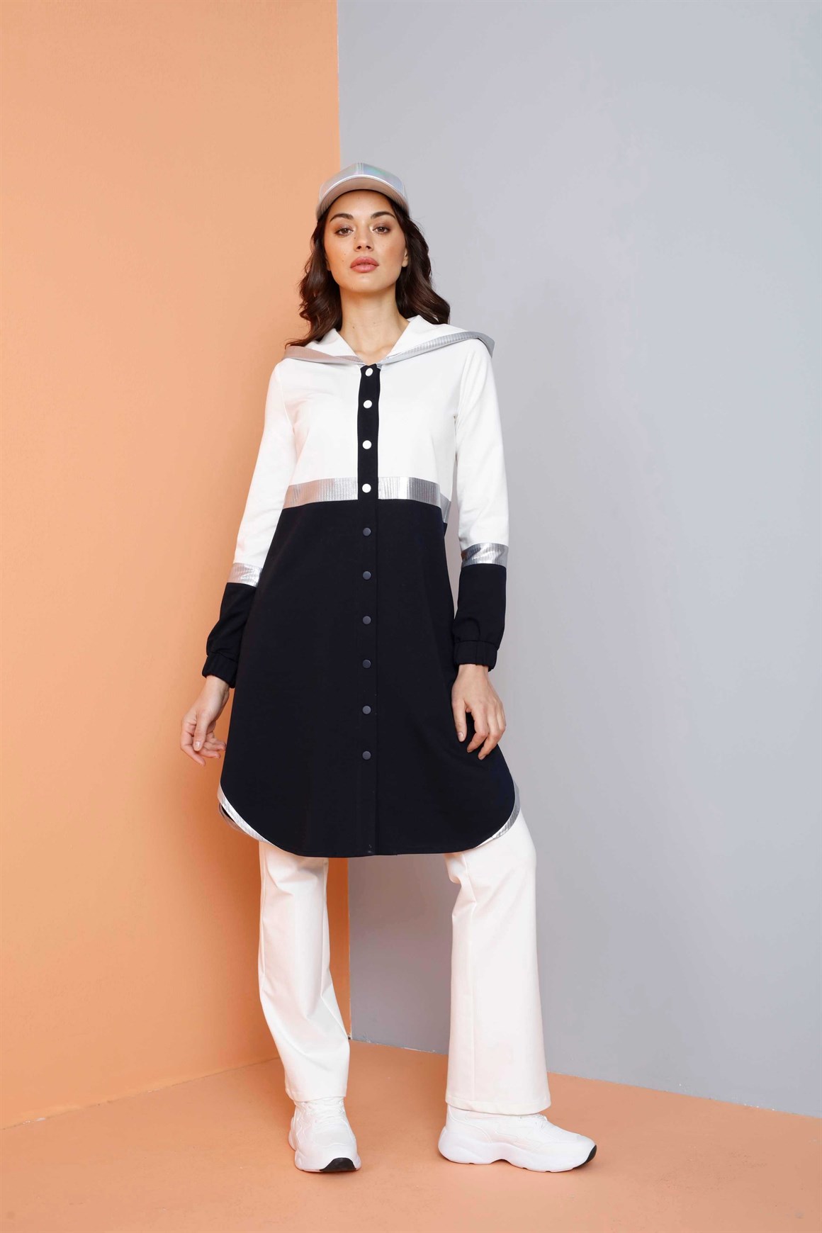 Beyaz - 2'li Çıt Çıtlı Kapşonlu Pantolonlu Eşofman Takım