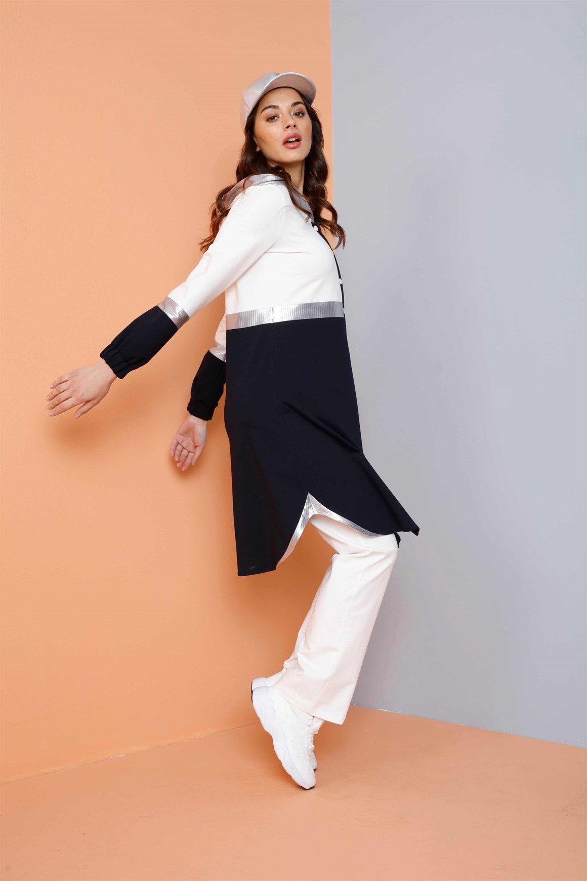 Beyaz - 2'li Çıt Çıtlı Kapşonlu Pantolonlu Eşofman Takım