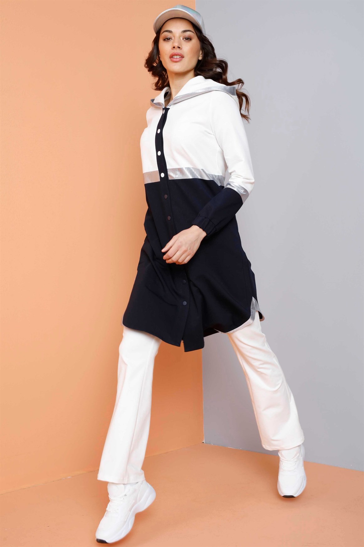 Beyaz - 2'li Çıt Çıtlı Kapşonlu Pantolonlu Eşofman Takım