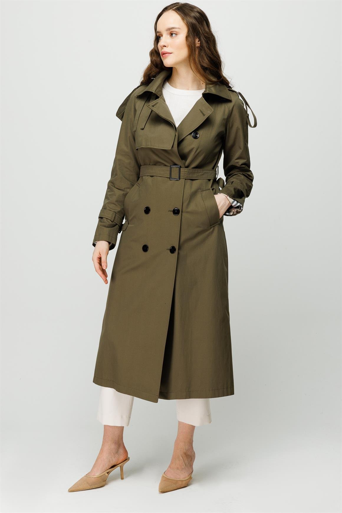 Apolet ve Aller Detaylı Trençkot  Haki