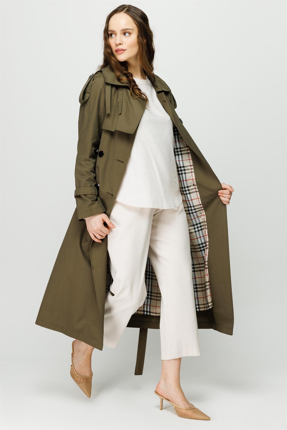 Apolet ve Aller Detaylı Trençkot  Haki