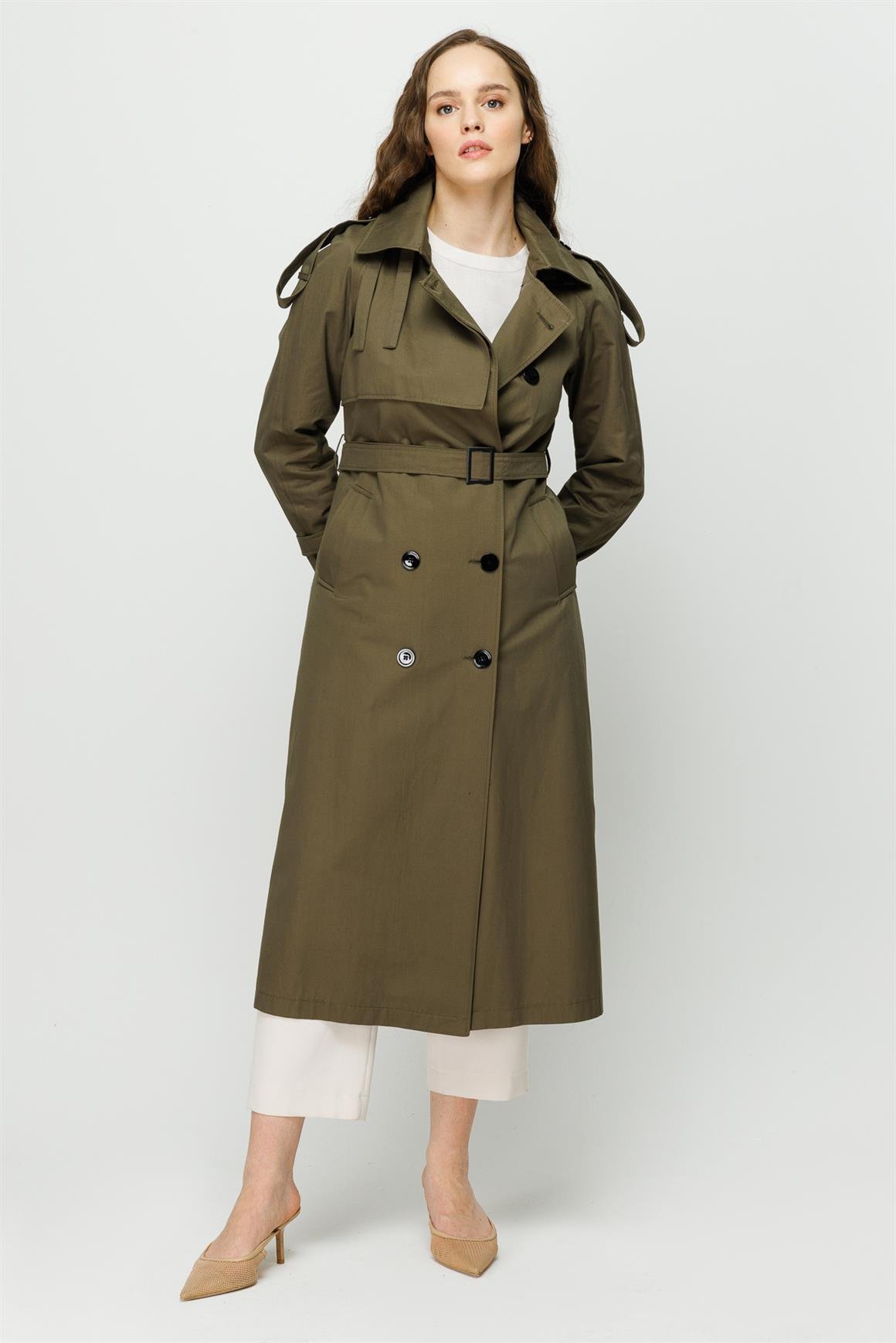 Apolet ve Aller Detaylı Trençkot  Haki