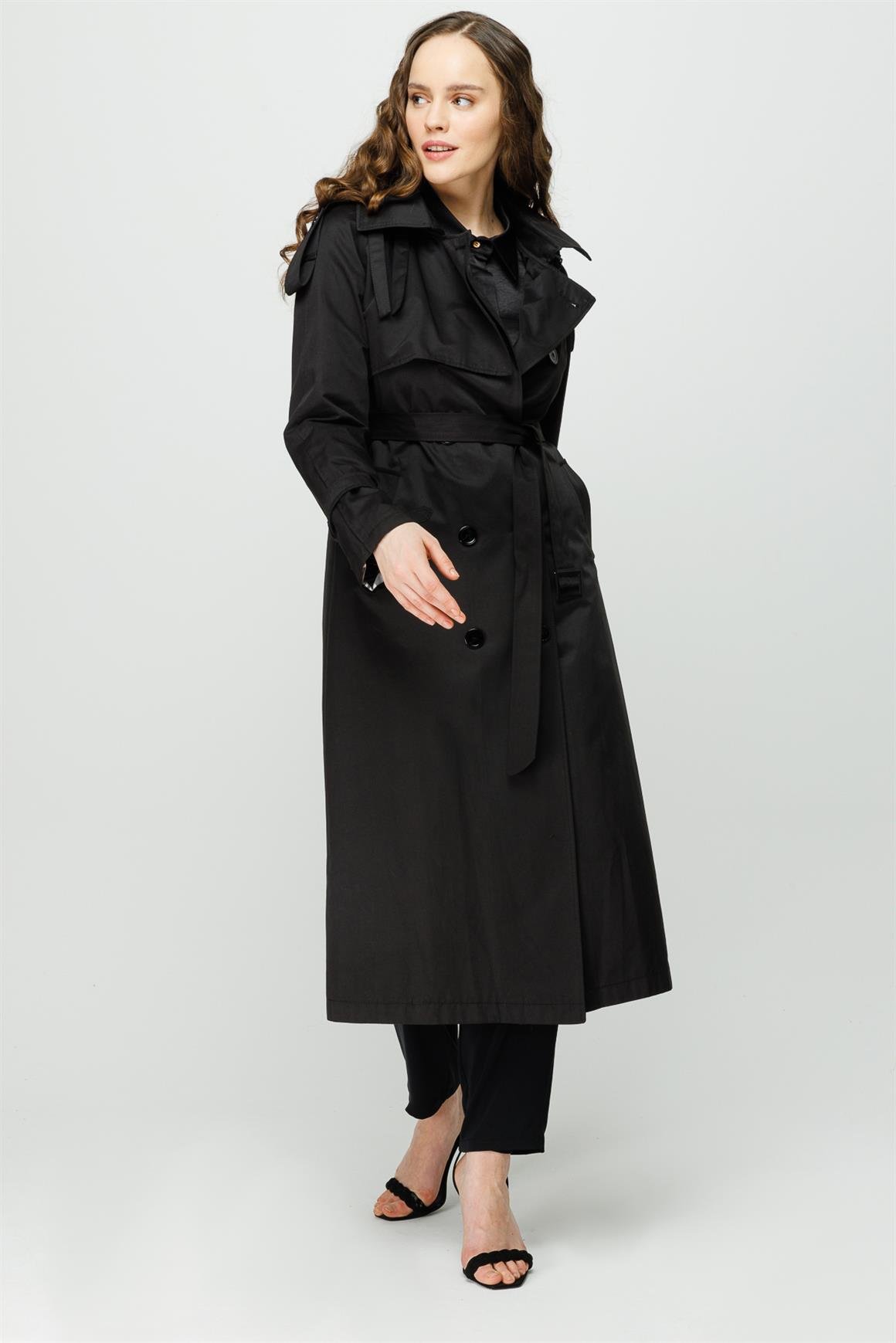 Apolet ve Aller Detaylı Trençkot  Siyah