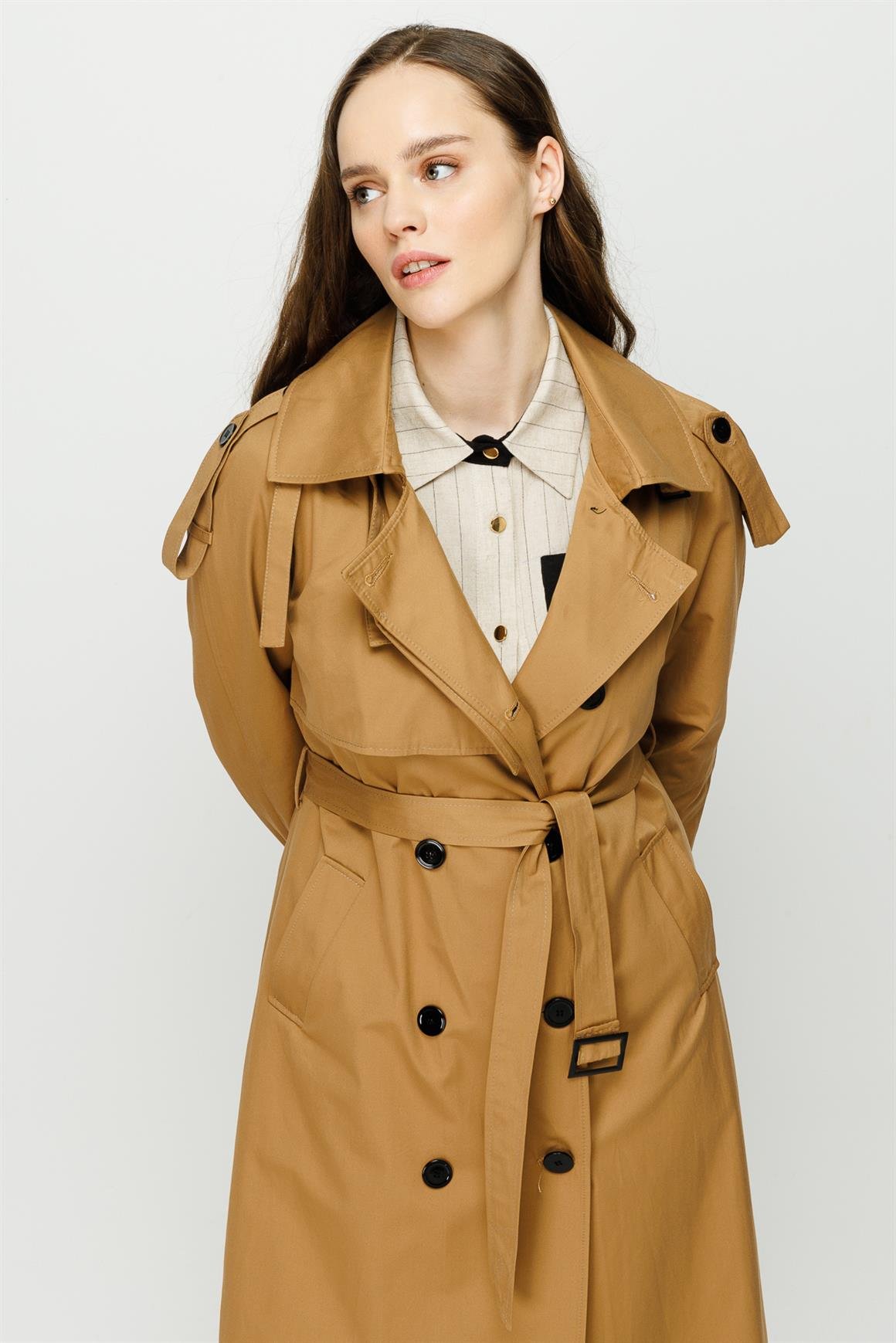 Apolet ve Aller Detaylı Trençkot  Camel