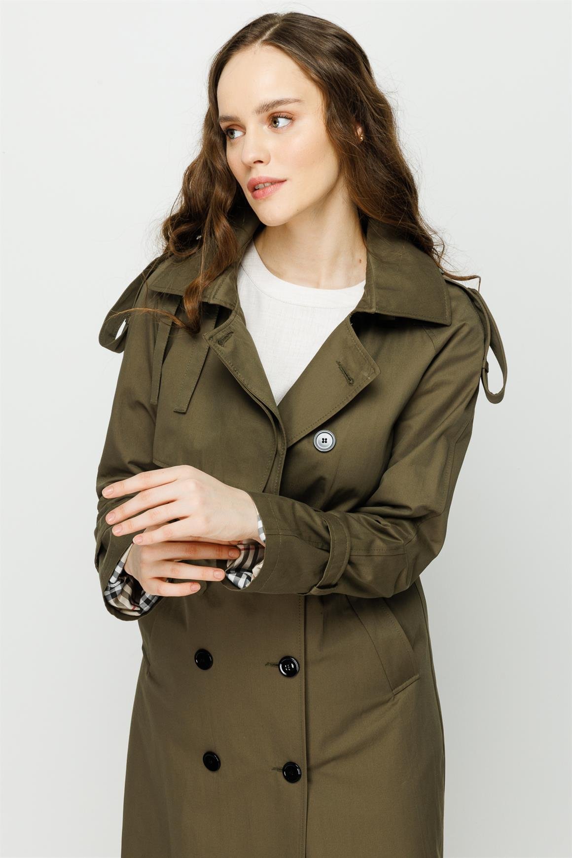 Apolet ve Aller Detaylı Trençkot  Haki