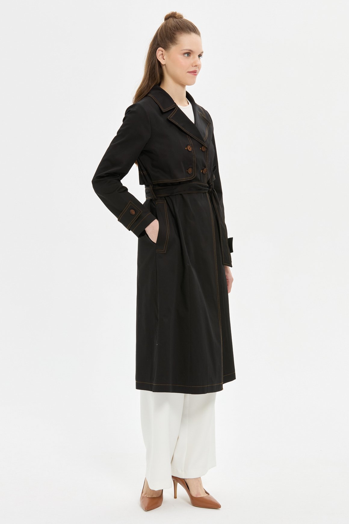 Dikiş Detaylı Trenc  Siyah