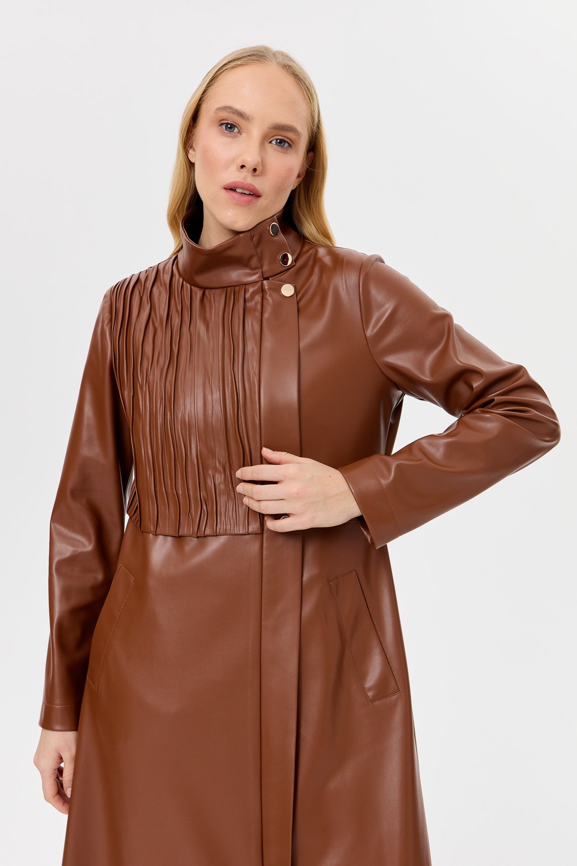 Kraş Detaylı Aller Kapamalı İçi Süet Kaplı Deri Trenç  Taba