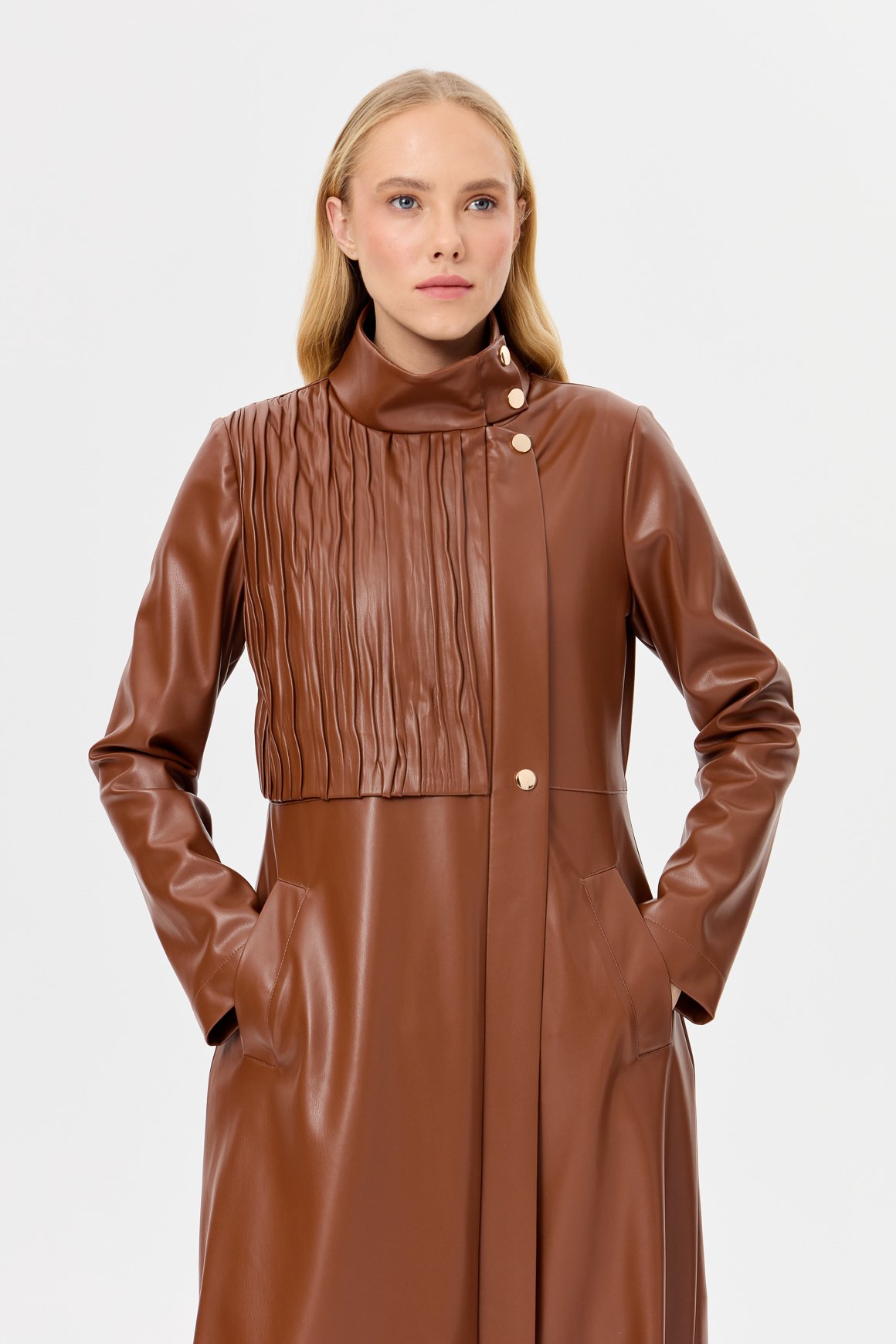 Kraş Detaylı Aller Kapamalı İçi Süet Kaplı Deri Trenç  Taba