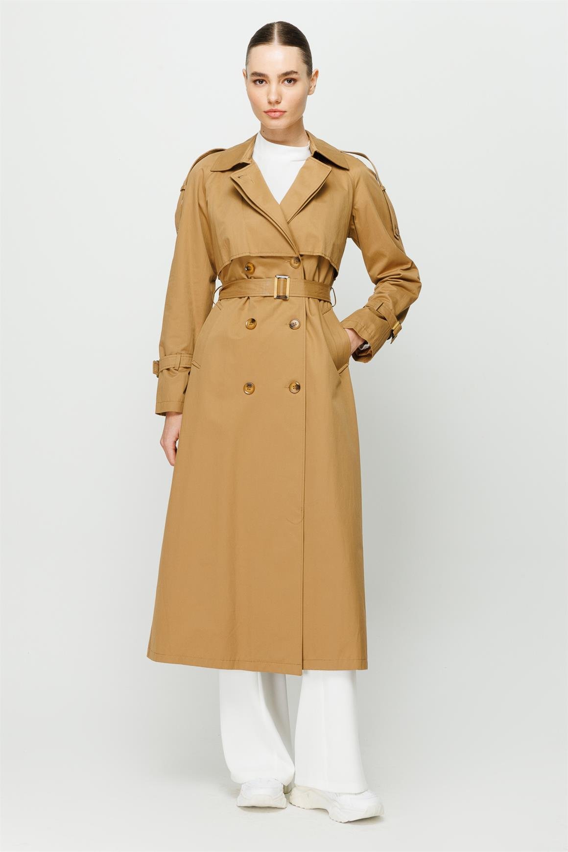 Reglan Kollu Aller Detaylı Kruvaze Kapamalı Trençkot  Camel