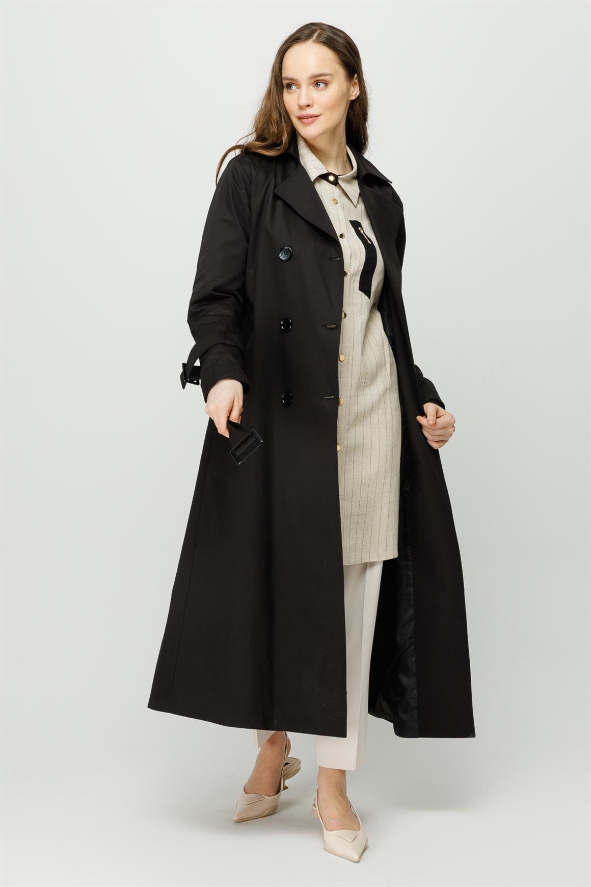 Reglan Kollu Kruvaze Kapamalı Trençkot  Siyah