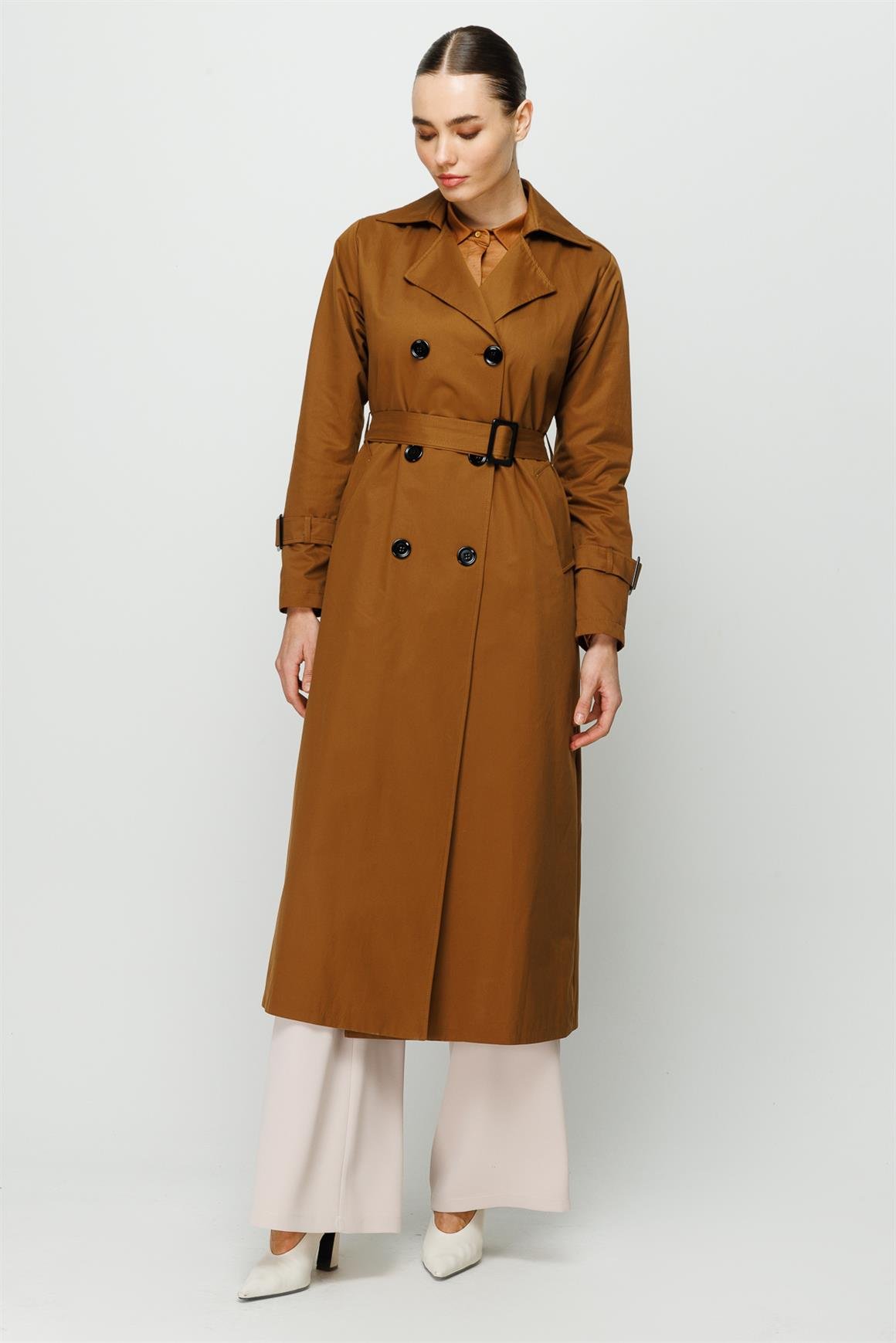 Reglan Kollu Kruvaze Kapamalı Trençkot  Taba