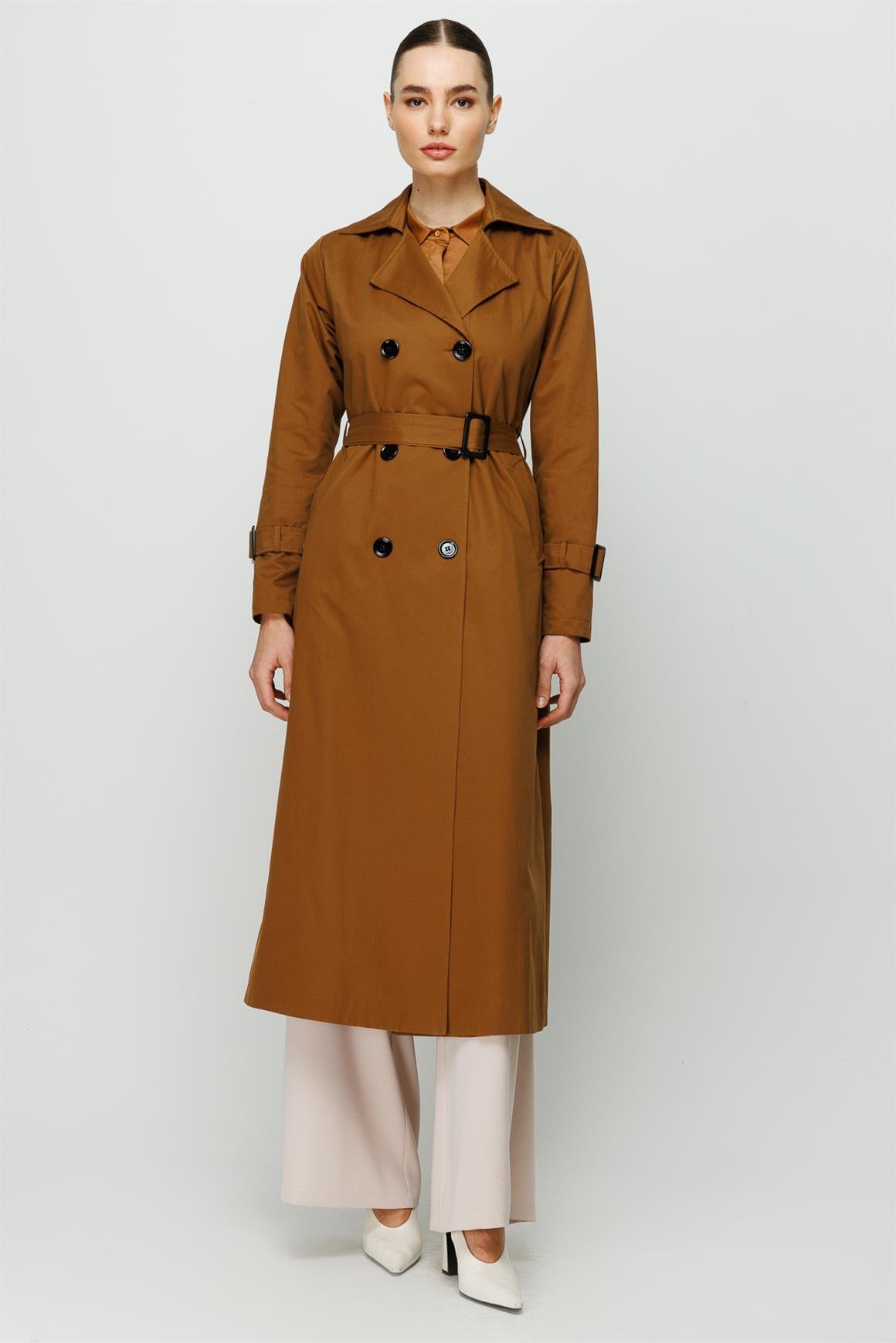 Reglan Kollu Kruvaze Kapamalı Trençkot  Taba