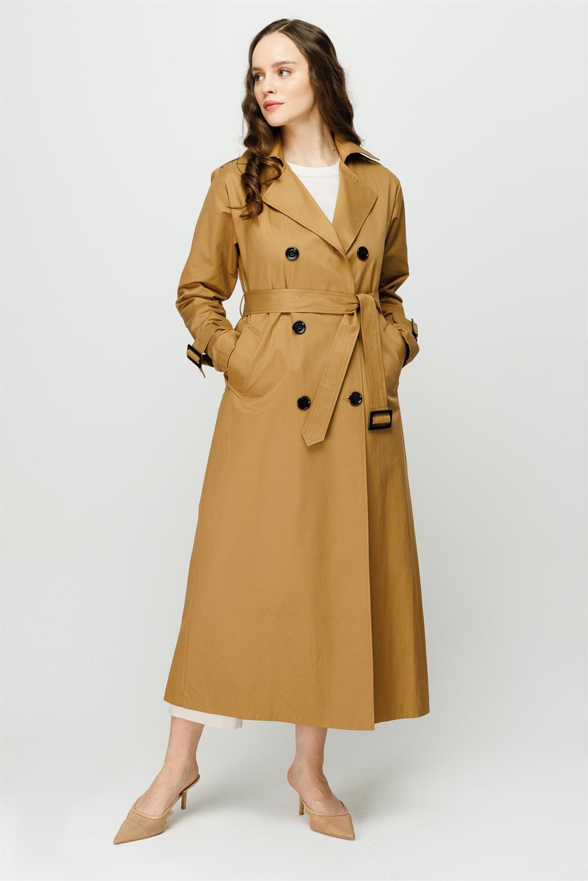 Reglan Kollu Kruvaze Kapamalı Trençkot  Camel