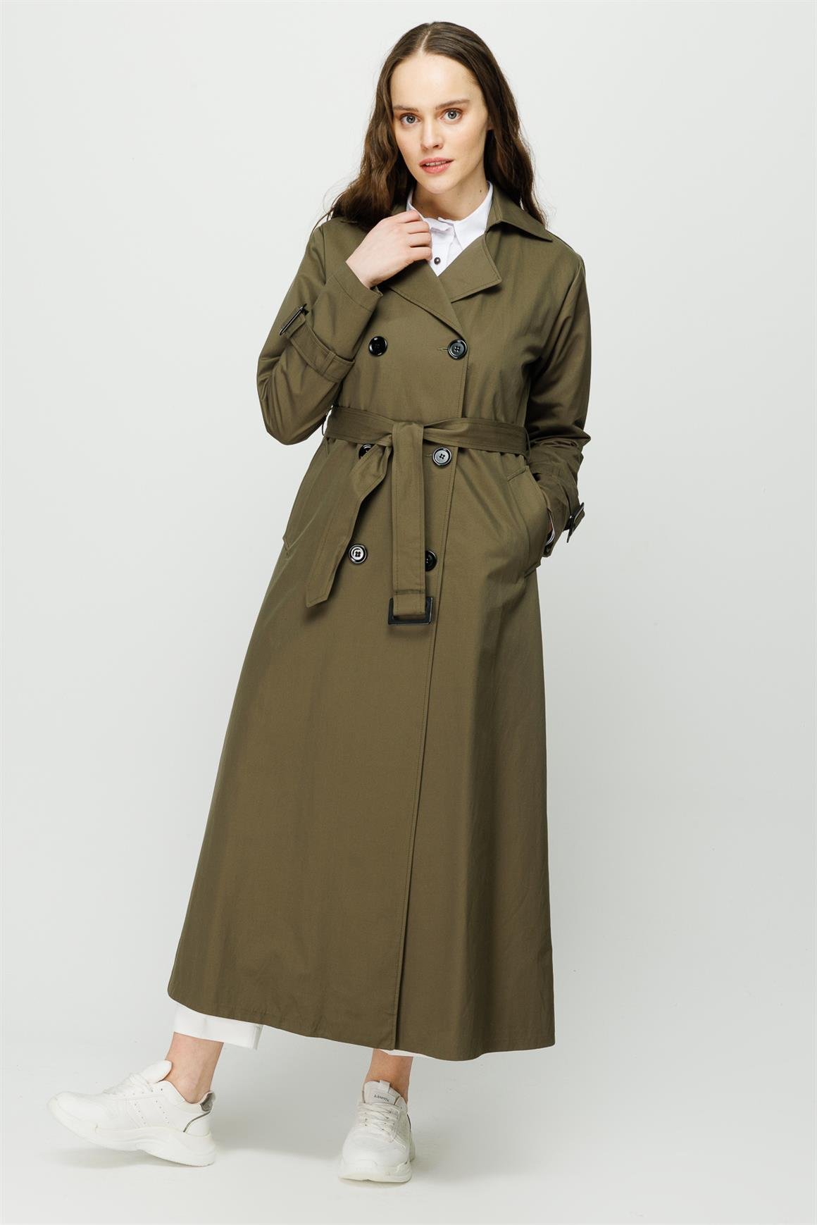 Reglan Kollu Kruvaze Kapamalı Trençkot  Haki