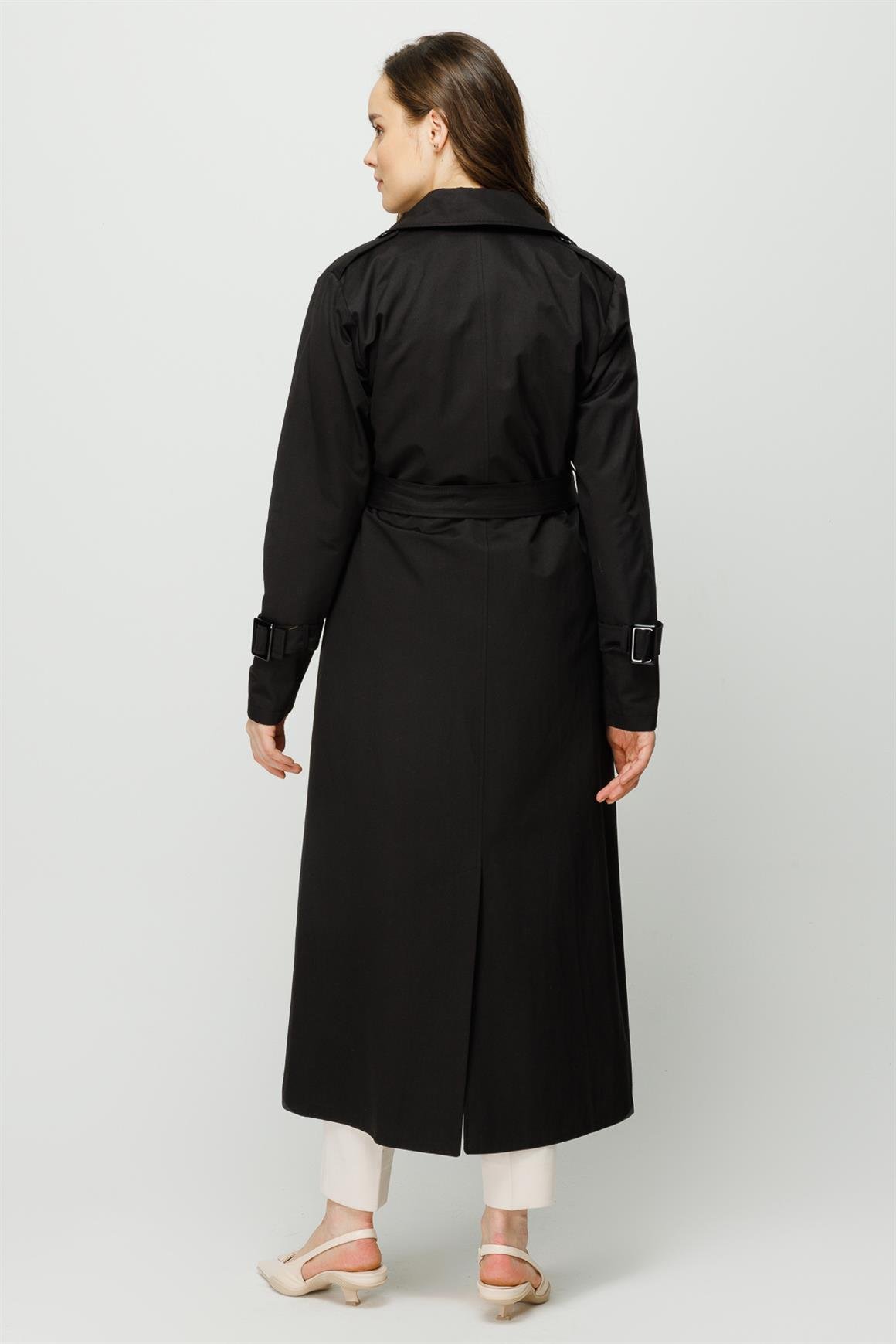 Reglan Kollu Kruvaze Kapamalı Trençkot  Siyah