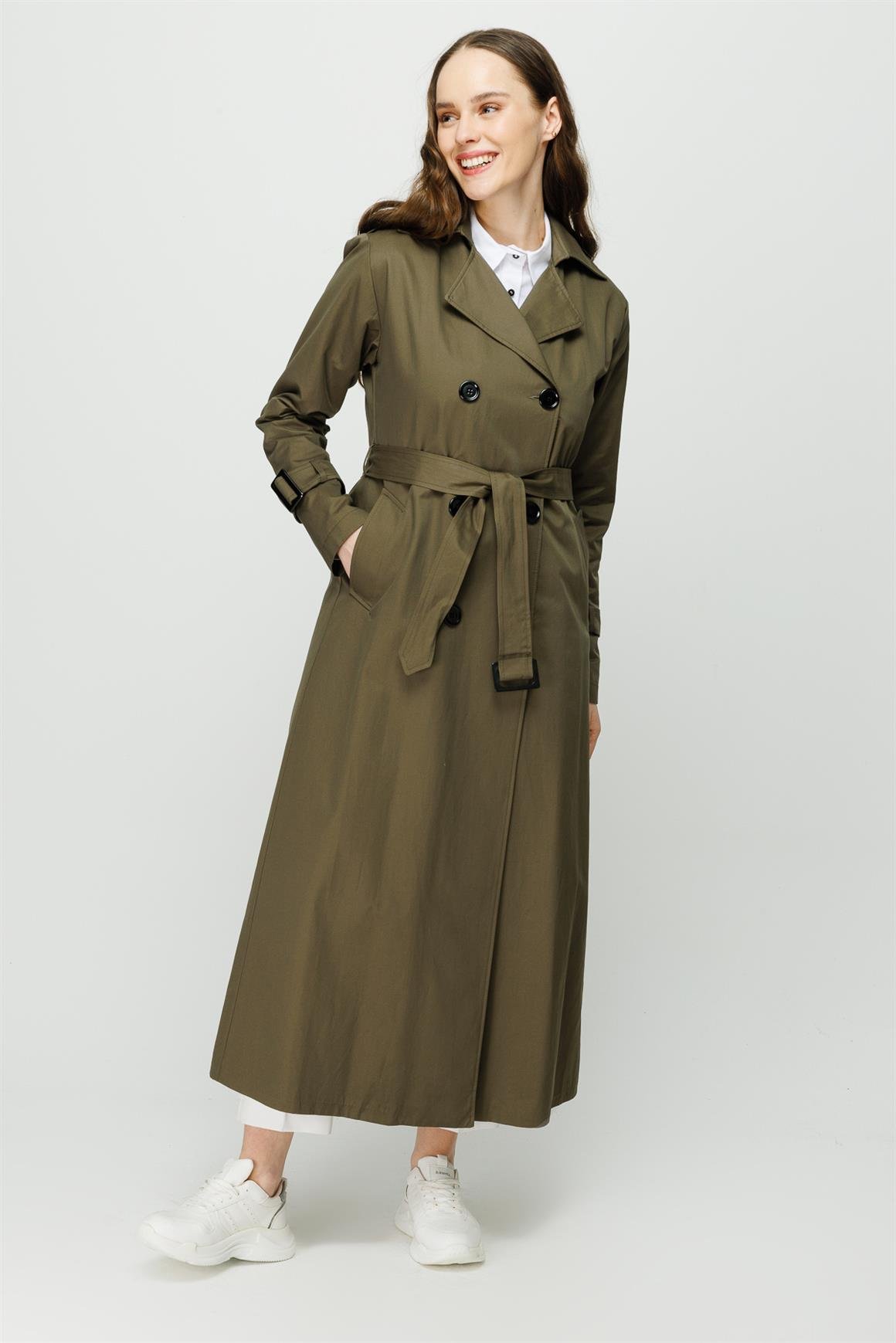 Reglan Kollu Kruvaze Kapamalı Trençkot  Haki