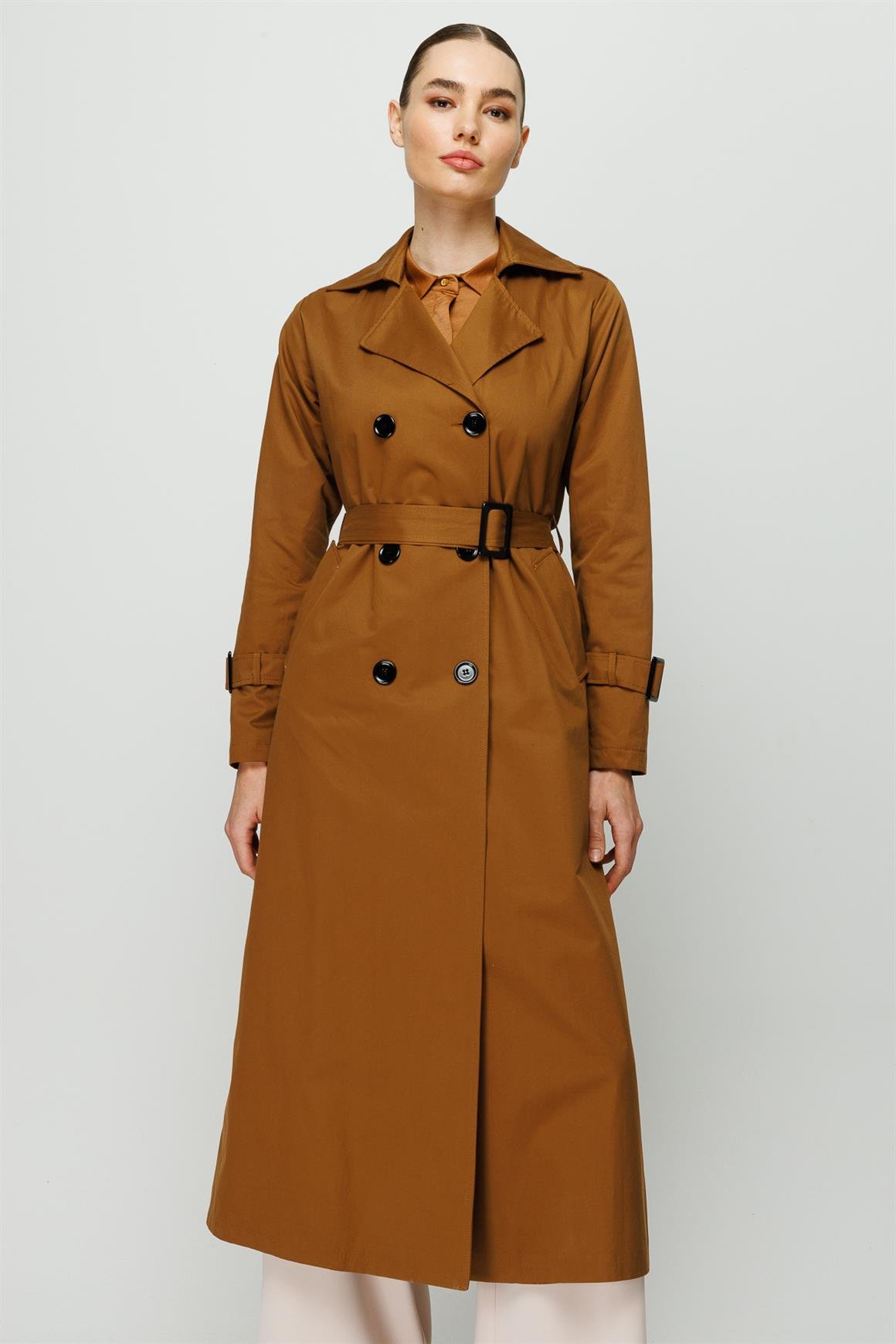 Reglan Kollu Kruvaze Kapamalı Trençkot  Taba